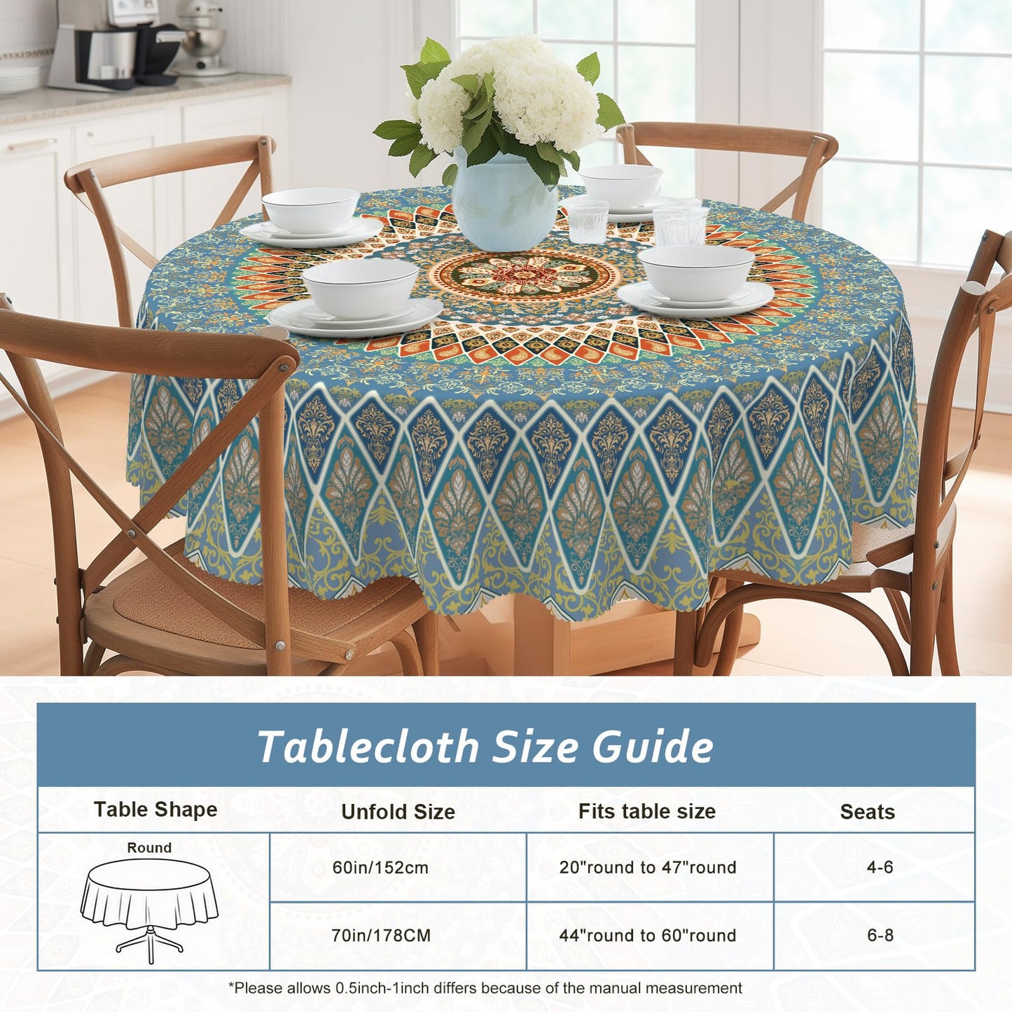 Eikione Bohemia Round Tablecloth,Tablecloth Waterproof and Wrinkle-Free, Boho Table Covers, Summer Decorations for Home 60inch