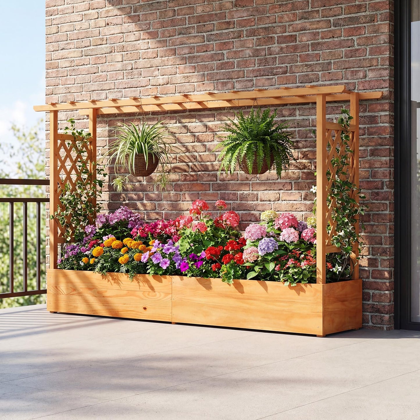 LDAILY Raised Garden Bed with Trellis, Above Ground Garden Bed with Hanging Roof, Side Trellis, & 6 Drainage Holes, Planter Box for Outdoor Climbing Plants Vines Flowers
