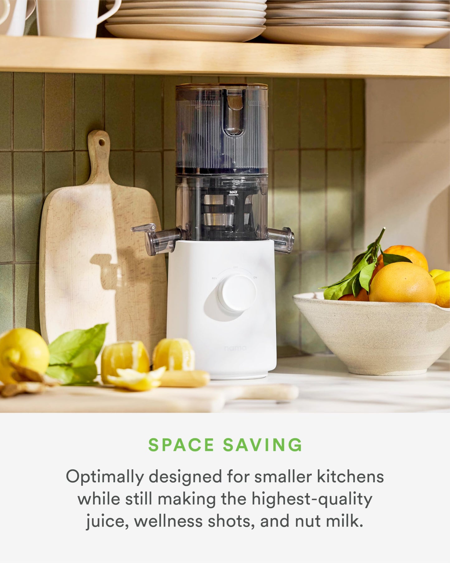 Nama J3 Compact Cold Press Juicer – Space Saving & Self Feeding for Hands-Free Operation – Lightweight, Portable Zero Waste Slow Masticating Juicer – Easy Cleanup & Assembly - White
