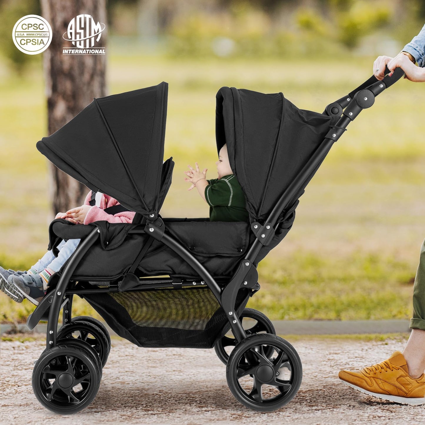 GLACER Foldable Twin Stroller, Double Baby Stroller w/Multi-Level Backrest, Canopy, Handle & Footrest, Safety Belt & Brake System, Travel Tandem Seating Stroller w/Lockable Wheels (Black)