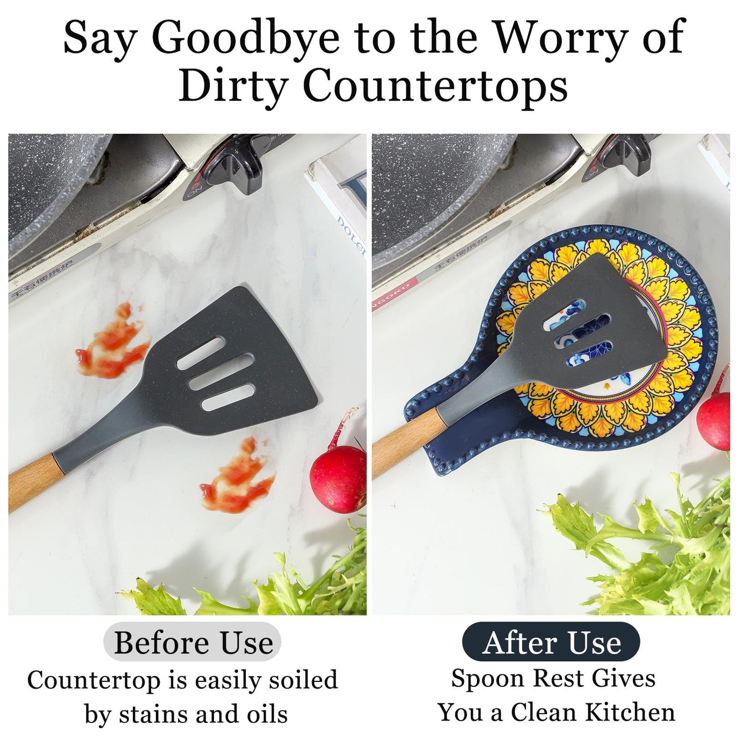 JINGUS Spoon Rest for Stove Top, Large Ceramic Spoon Holder for Stove and Kitchen Counter, Heat-Resistant Cooking Utensil Rest for Tongs and Ladles, Blue Bohemian Spatula Holder Dishwasher Safe