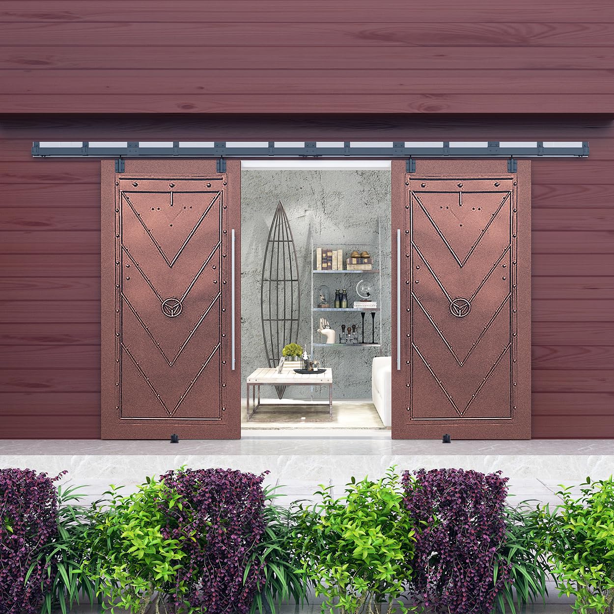 DIYHD 24FT Exterior Double Sliding Barn Door Hardware,Heavy Duty Wall Mount Box Track Kit for Outdoor Use,MAX Load 330lbs,Kit to Hang 2 Doors(Fit 72" X 2 Door)