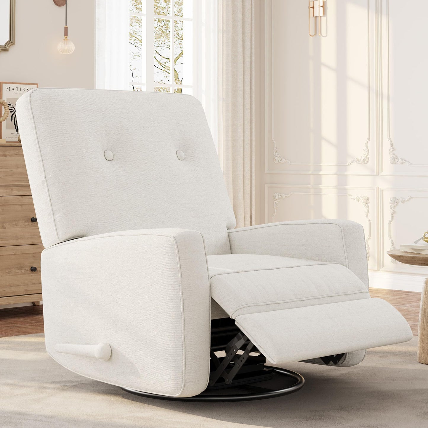 IDEALHOUSE Recliner Chair, 360° Swivel Rocking Glider Chair for Adults with Adjustable Backrest & Footrest, Cozy Linen Upholstered Armchair for Living Rooms, Bedrooms, Apartments, Beige