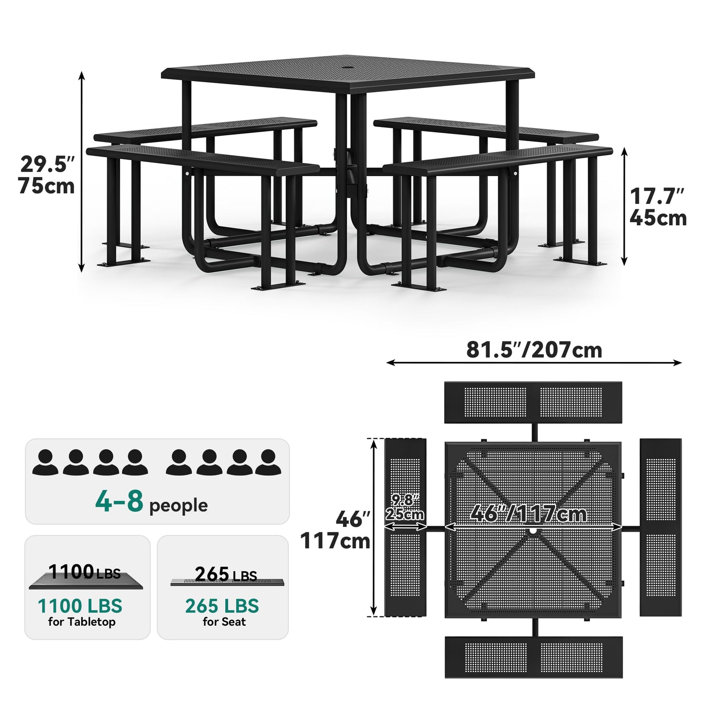 YITAHOME Coated Steel Picnic Table, 46" Heavy Duty Outdoor Picnic Table w/Sturdy Steel Frame & Umbrella Hole for Yard Patio Lawn Party, Square, Black
