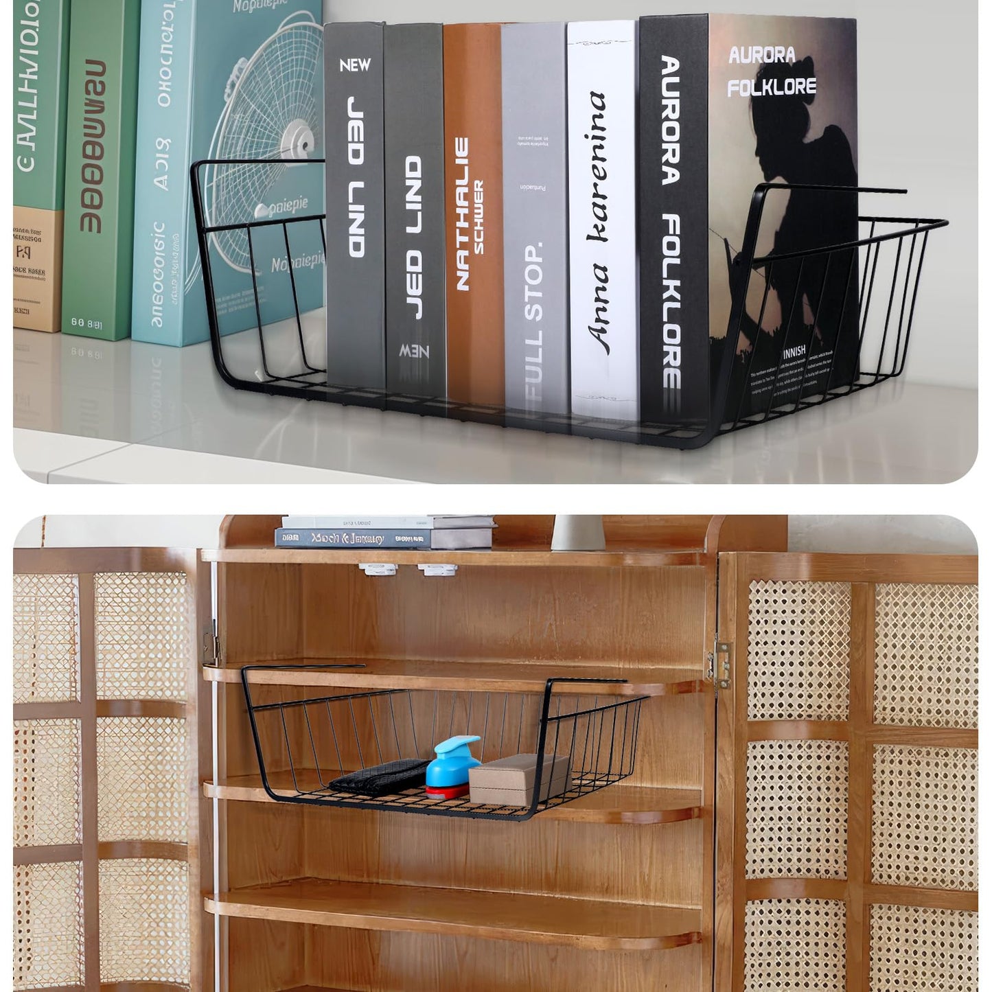8 Pcs Under Shelf Basket, Hanging Under Cabinet Wire Storage Rack Slides Under Wire Shelves for Counter Pantry Desk Bookshelf,Black
