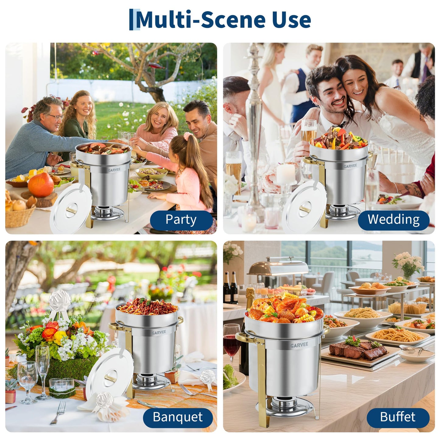 GarveeHome 11QT Round Soup Chafer Sets of 4, Commercial Soup Warmer with Pot, Notched Lids & Fuel Holders, Stainless Steel Food Warmer for Buffets Parties Wedding Banquets Catering, Gold