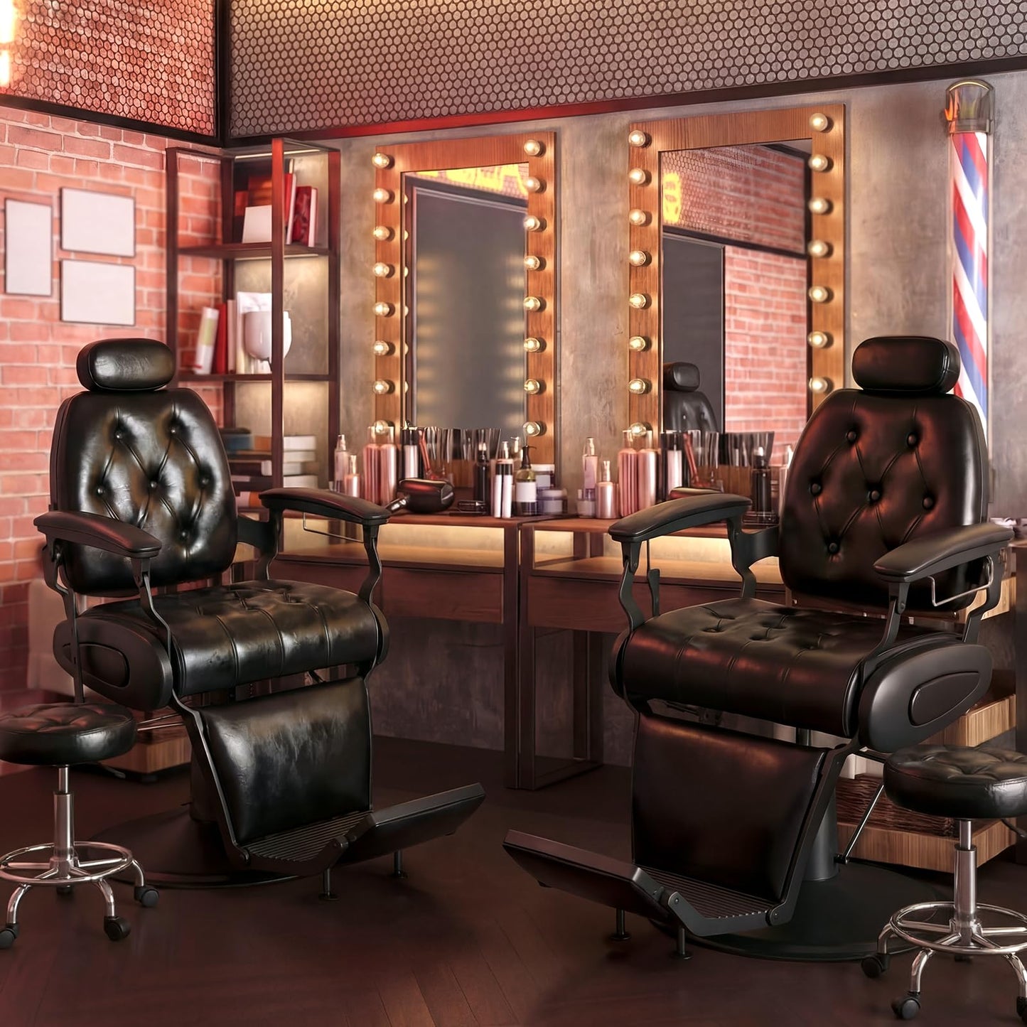 Oakvera Barber Chair with Stool, Heavy Duty Vintage Recline Hydraulic Barber Chair with Towel Bar, 360° Swivel All Purpose Professional Salon Chair Barber Shop Beauty Salon Shampoo Equipment, Black