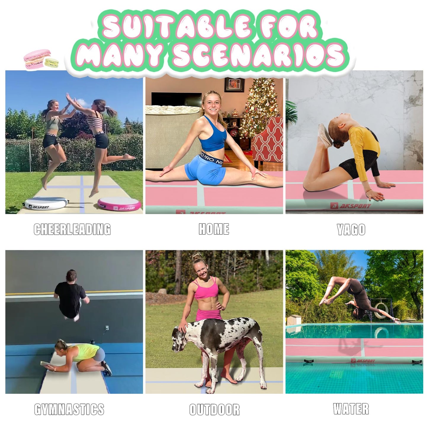 AKSPORT Inflatable Gymnatsics Mat Tumble Track 10ft 13ft 16ft 20ft 23ft Air Tumbling Mat with Air Pump for Home Use/Training/Cheerleading/Yoga