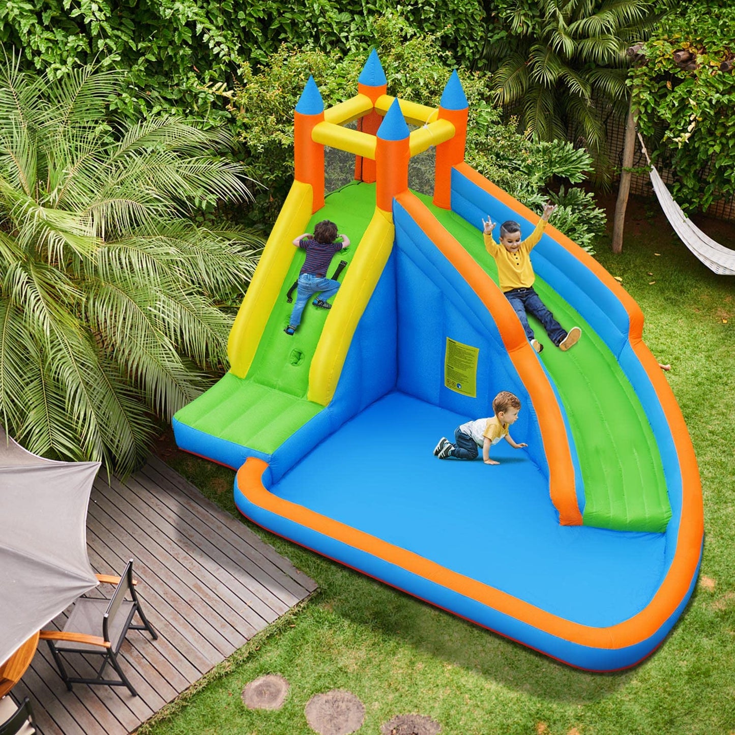 Costzon Inflatable Water Slide, Giant Bouncy Waterslide Park for Kids Backyard Outdoor Fun w/ 950w Blower, Climbing, Splash Pool, 2-pcs, Blow up Water Slides Inflatables for Kids Party Gift