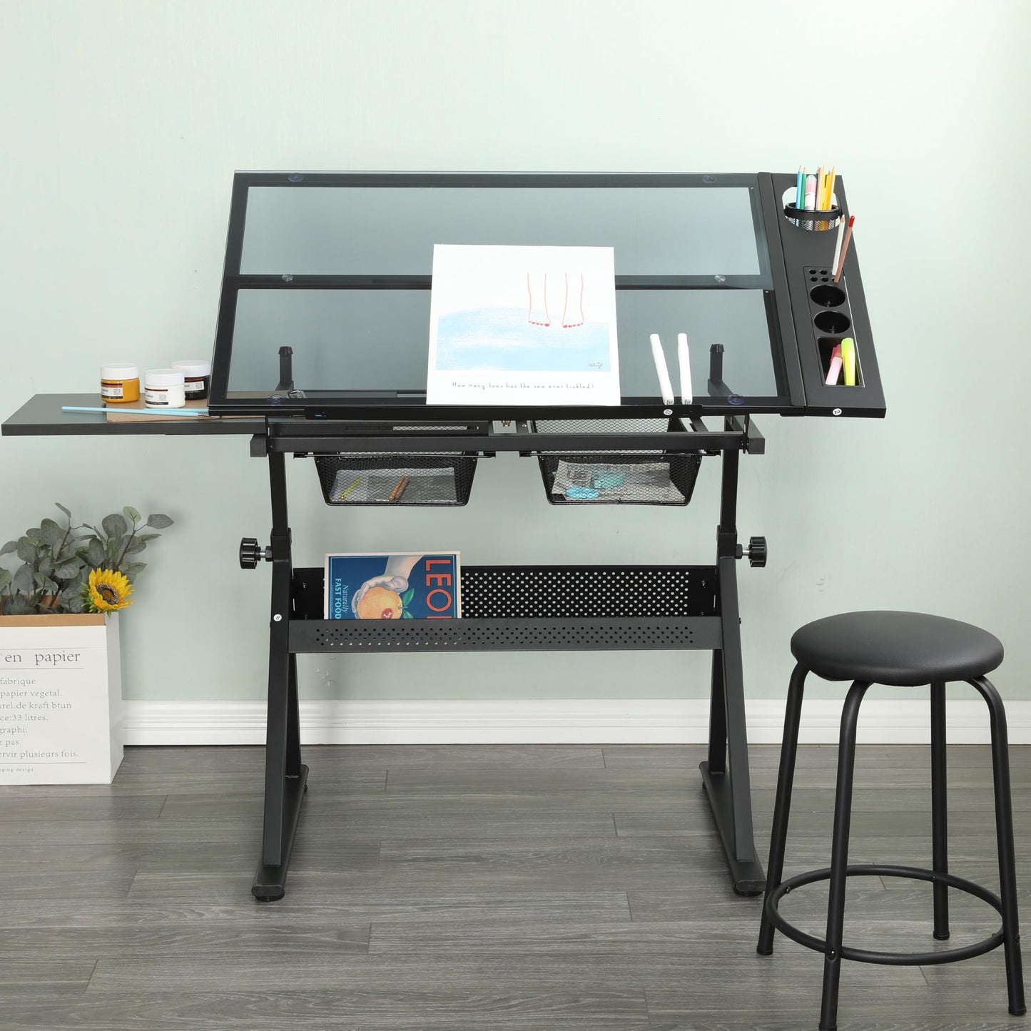 Adjustable Tempered Glass Drafting Table with Chair, Multi-Purpose Writing Desk for Home Office, Standing Desk, Gaming Desk, Computer Desk with Storage, Long Desk for Small Spaces,A1