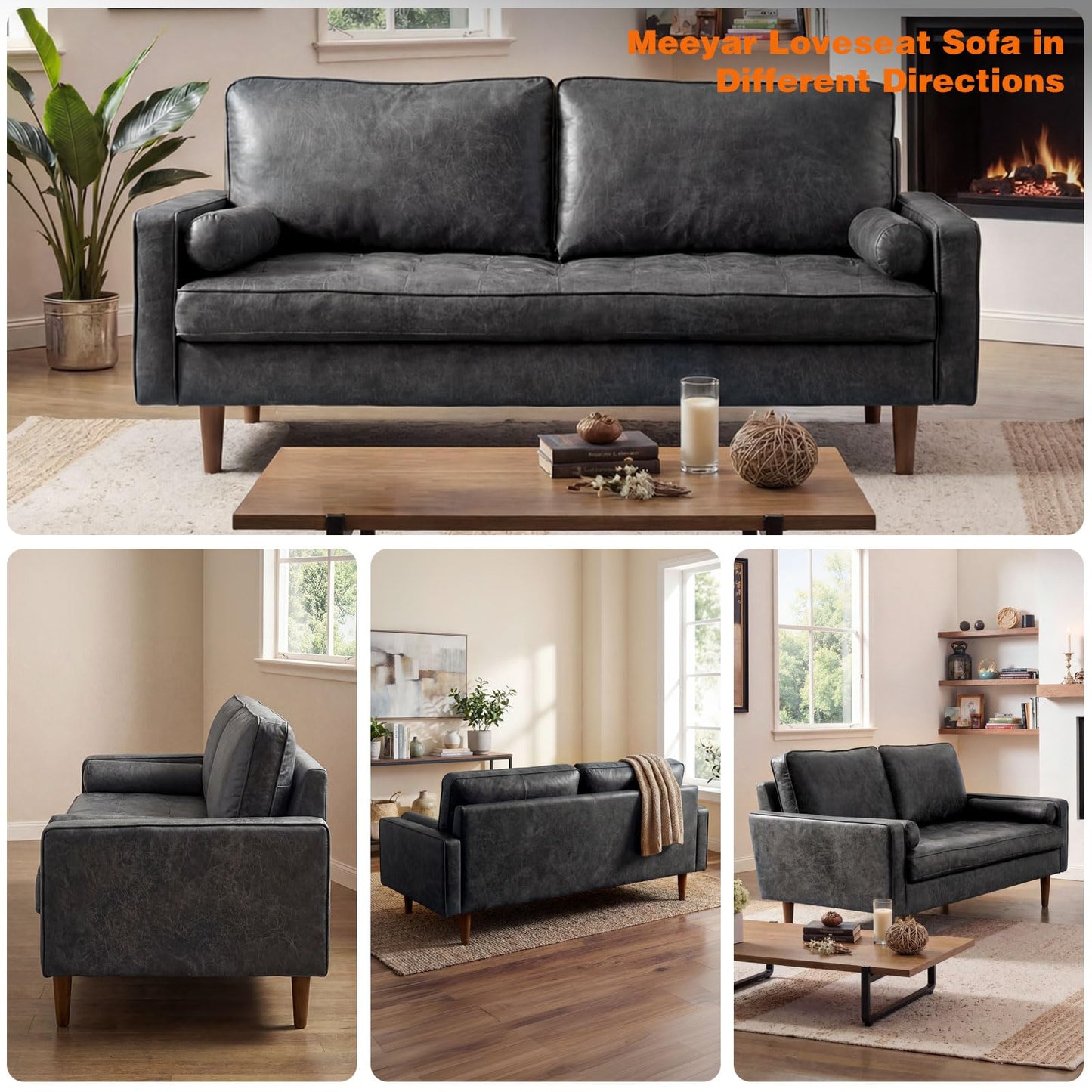 Meeyar 70" Mid-Century Modern Sofa Couch – Faux Leather Loveseat Sofa with Deep Seat & Solid Wood Frame – Includes 2 Accent Pillows – Black Living Room Bedroom Office (Black, 70 inches)
