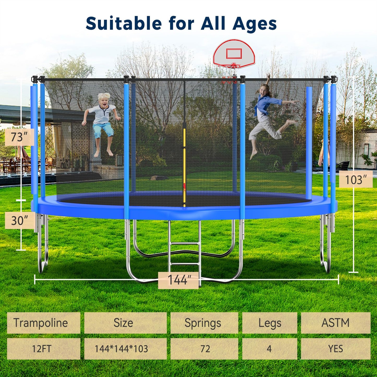 Tatub 12FT Trampoline for Kids and Adults, Outdoor Recreational Trampolines with Basketball Hoop & Enclosure Net, Blue
