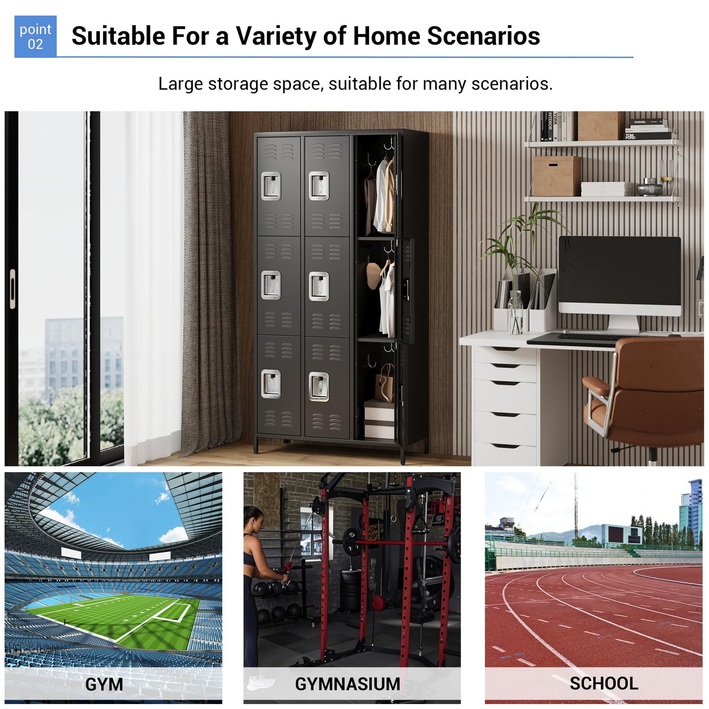 PhoenixCrest Metal Locker with 3 Doors & 9 Hooks, Heavy Duty Steel Storage Locker for Gym, Home, Office, School, Ventilated Design with Privacy Vents, Easy Assembly, Black
