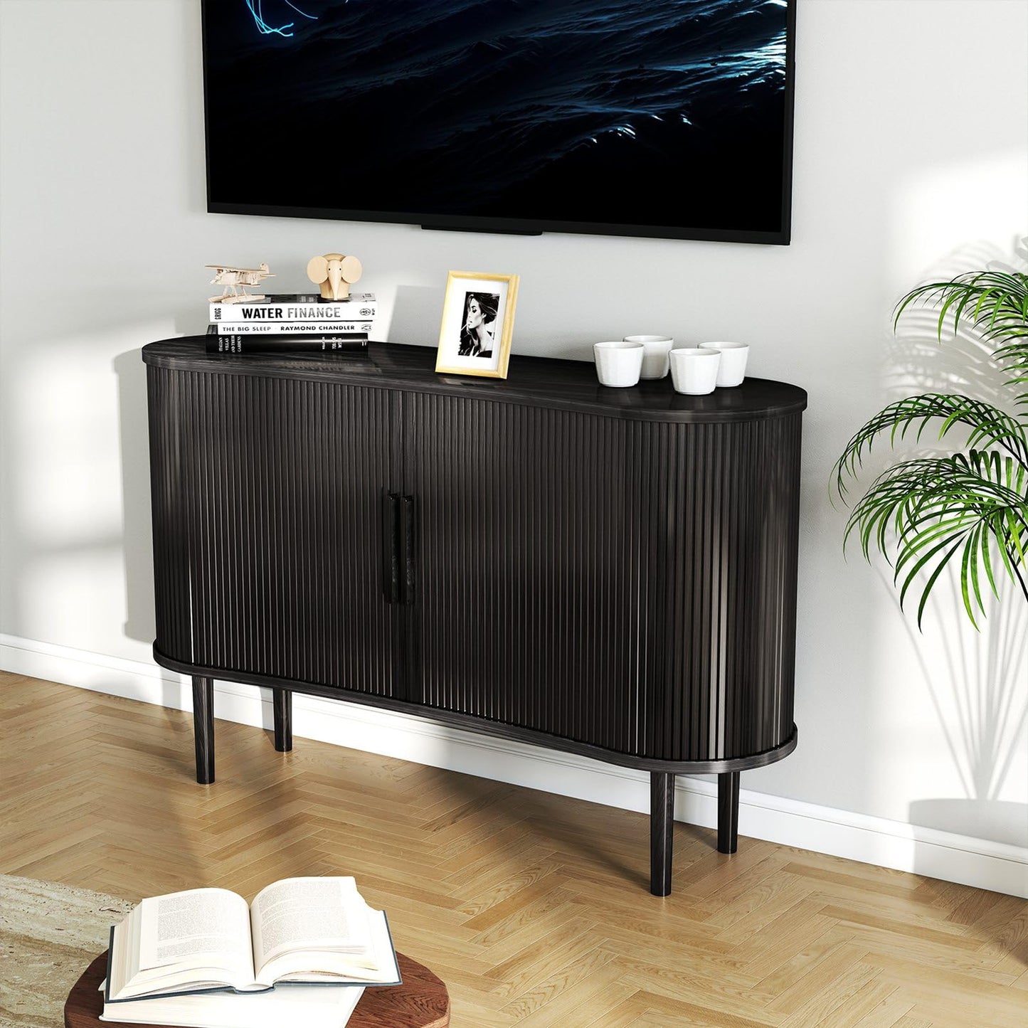 AraSyleon Mid-Century Modern Buffet Cabinet with Fluted Tambour Sliding Doors, 55'' Sideboard with 4 cabinets, Ample Storage for Dining Room & Living Room, Walnut Finish, Black