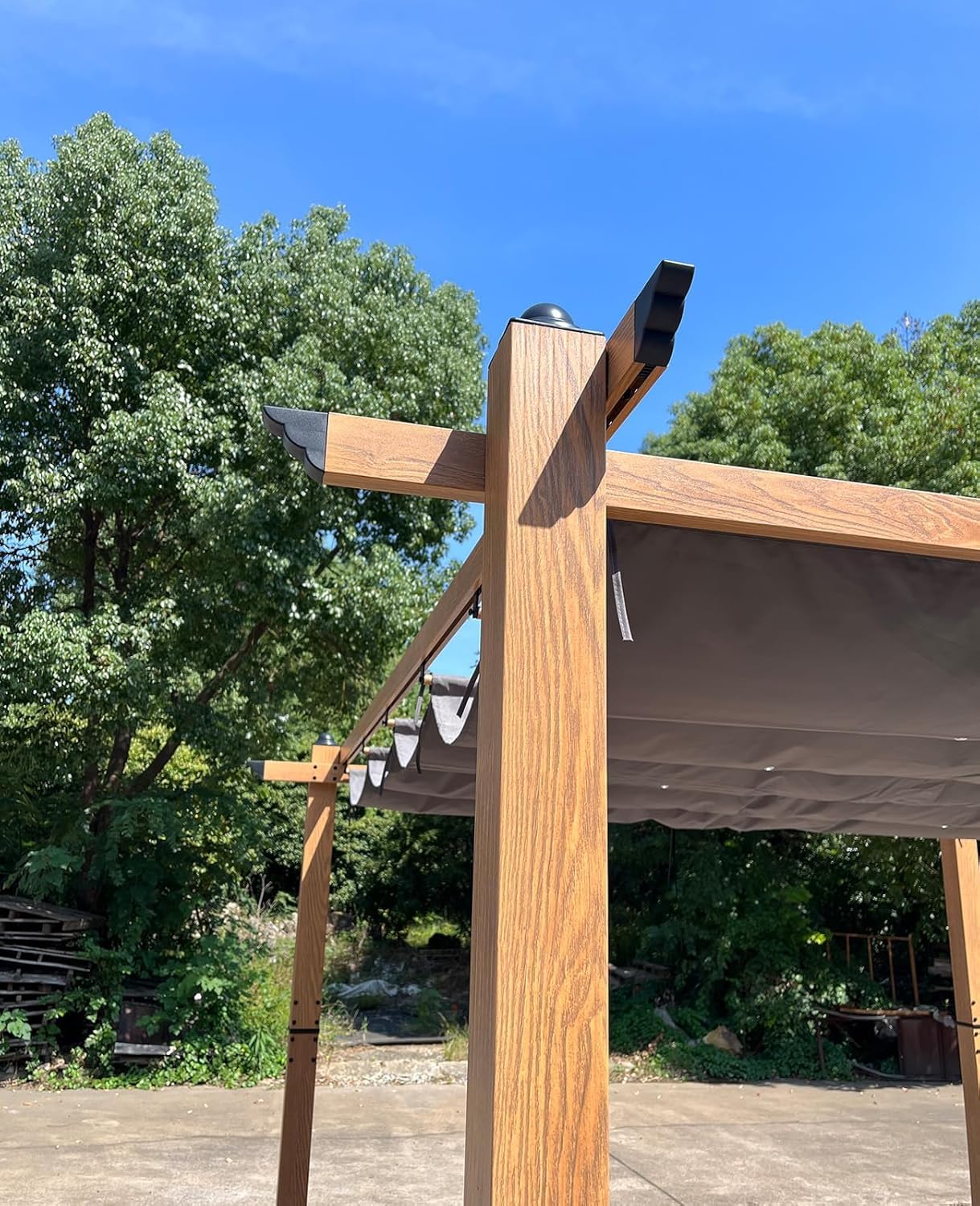 GarveeLife 10x13 ft Outdoor Pergola with Retractable Canopy Upgraded Outdoor Aluminium Pergola, Faux Wood Grain Metal Patio Gazebo for Modern Backyard Deck for Porch, Awning, Grape Trellis, Grey