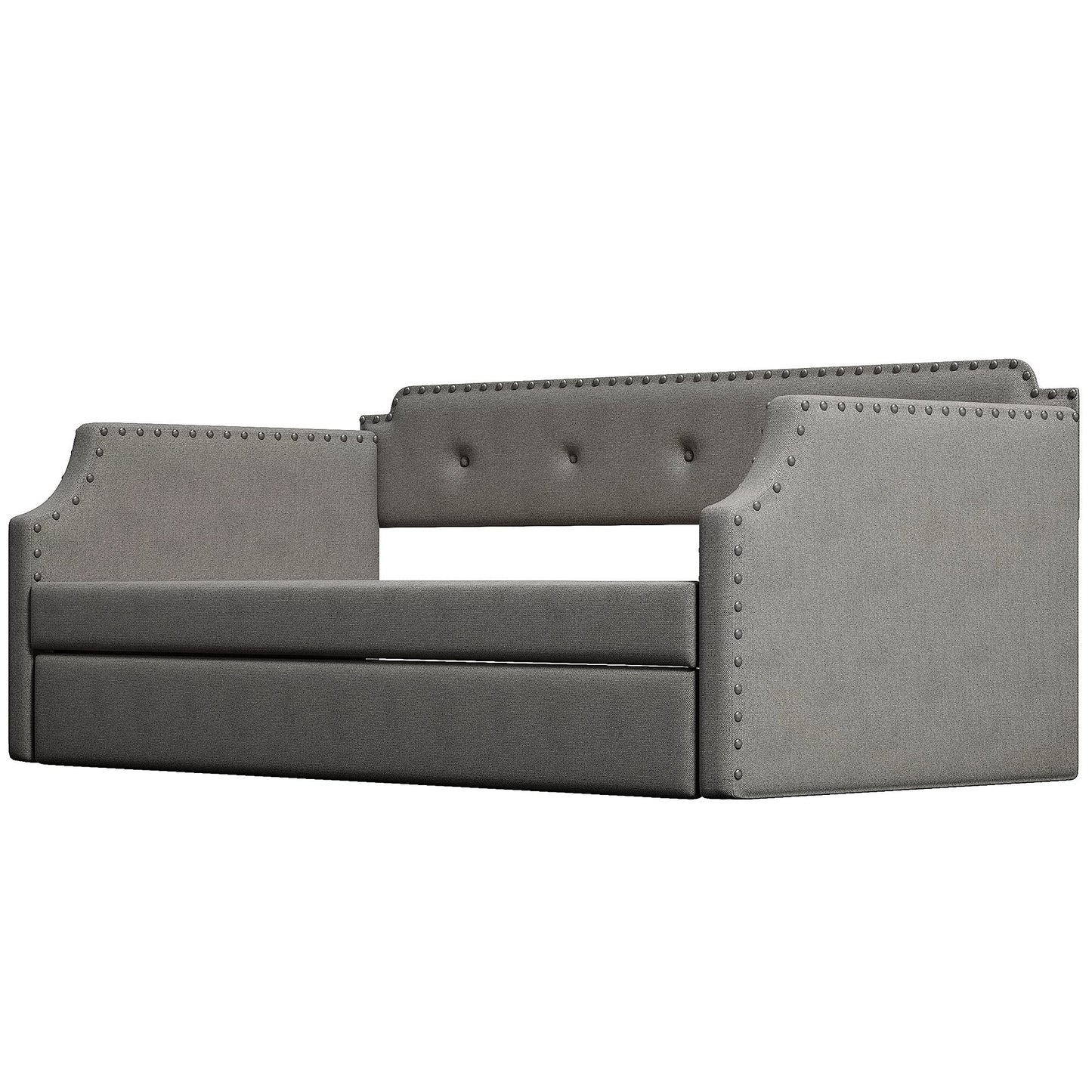 Twin Size Daybed with Trundle, Upholstered daybed with Button Tufted and Nailtrim on Arms, Sofa Bed Frame with Wood Slat Support, No Box Spring, for Living Room, Bedroom, Guest Room, Gray.