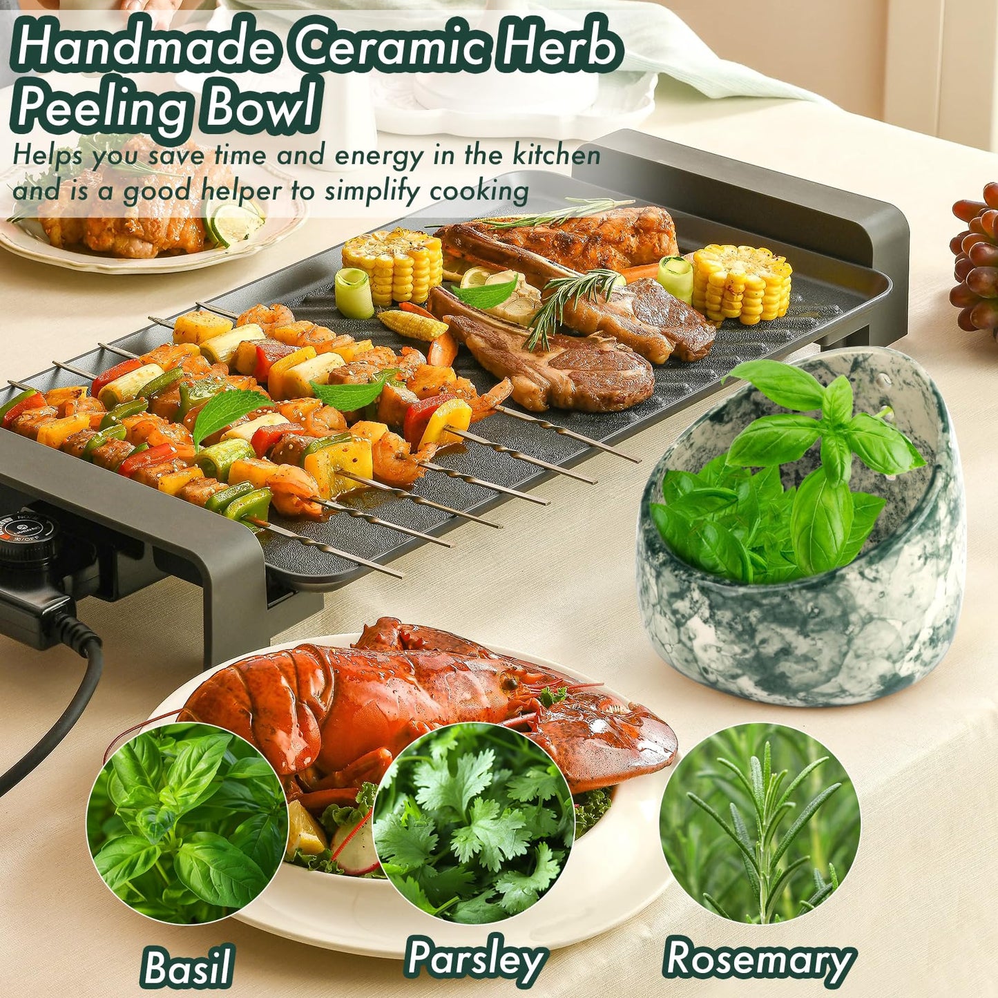 MOCCOOL Ceramic Herb Stripper Bowl with Multi-Size Holes, Pottery Leaf Stripper Tool for Rosemary, Thyme and Kale, Green Decorative Kitchen Gadget, 5.2 Inch