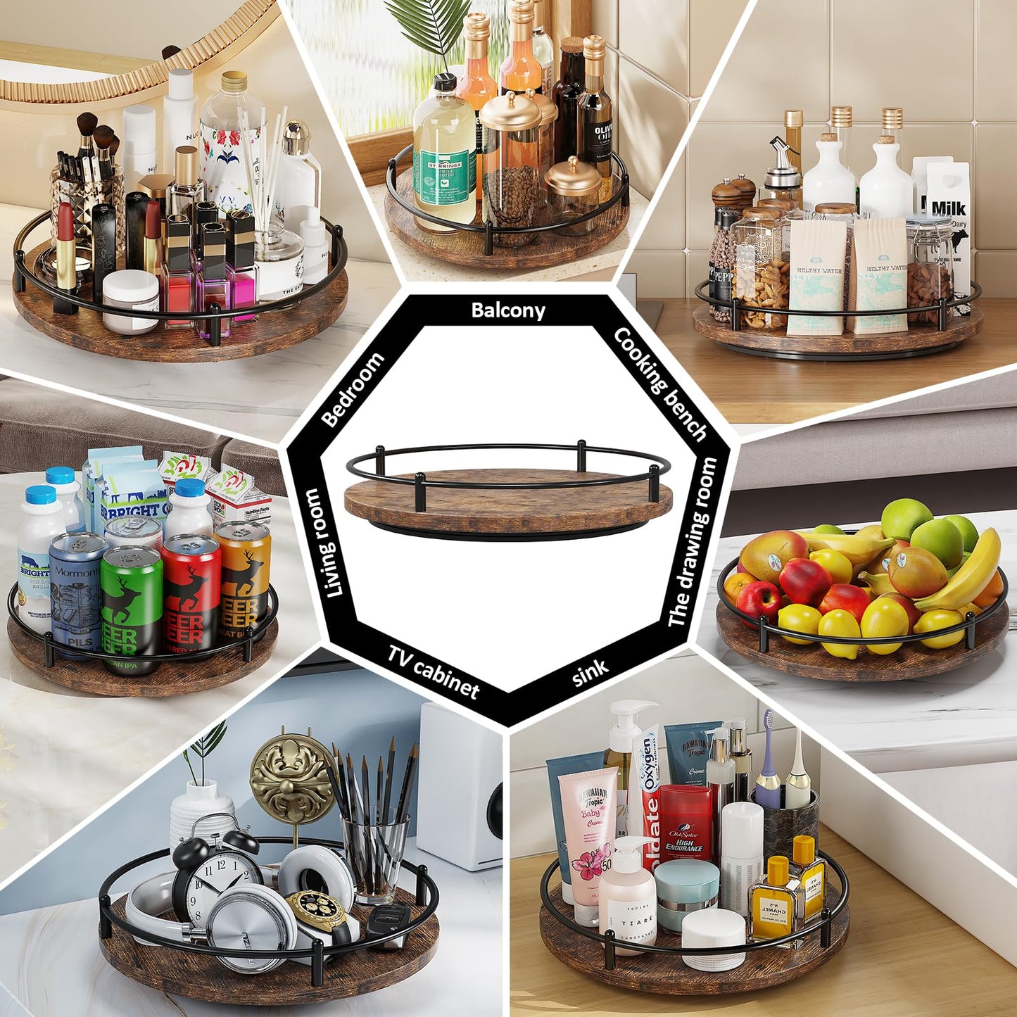 KOKSTOP Lazy Susan Organizer:9 Inch Rotating Spice Rack for Kitchen Countertop Round Wooden Turntable Holder for Cabinet, Dining Table, Cupboard Storage – Black