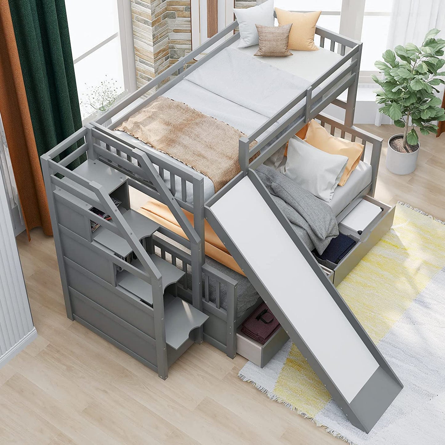 DNYN Full Size Loft Bed with Desk & Shelves & Ladder for Kids/Adults,Solid Wood Bedframe,High Loftbed with Safety Guardrails,Space Saving Design & No Box Spring Needed,79.3"×58.5"×65.4", Gray