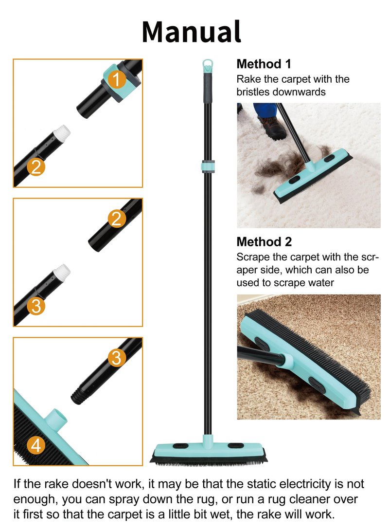 Rubber Broom Carpet Rake for Pet Hair Removal, Fur Remover Broom with 59" Telescoping Long Handle, Pet Hair Broom with Squeegee for Carpet, Hardwood Floor, Tile