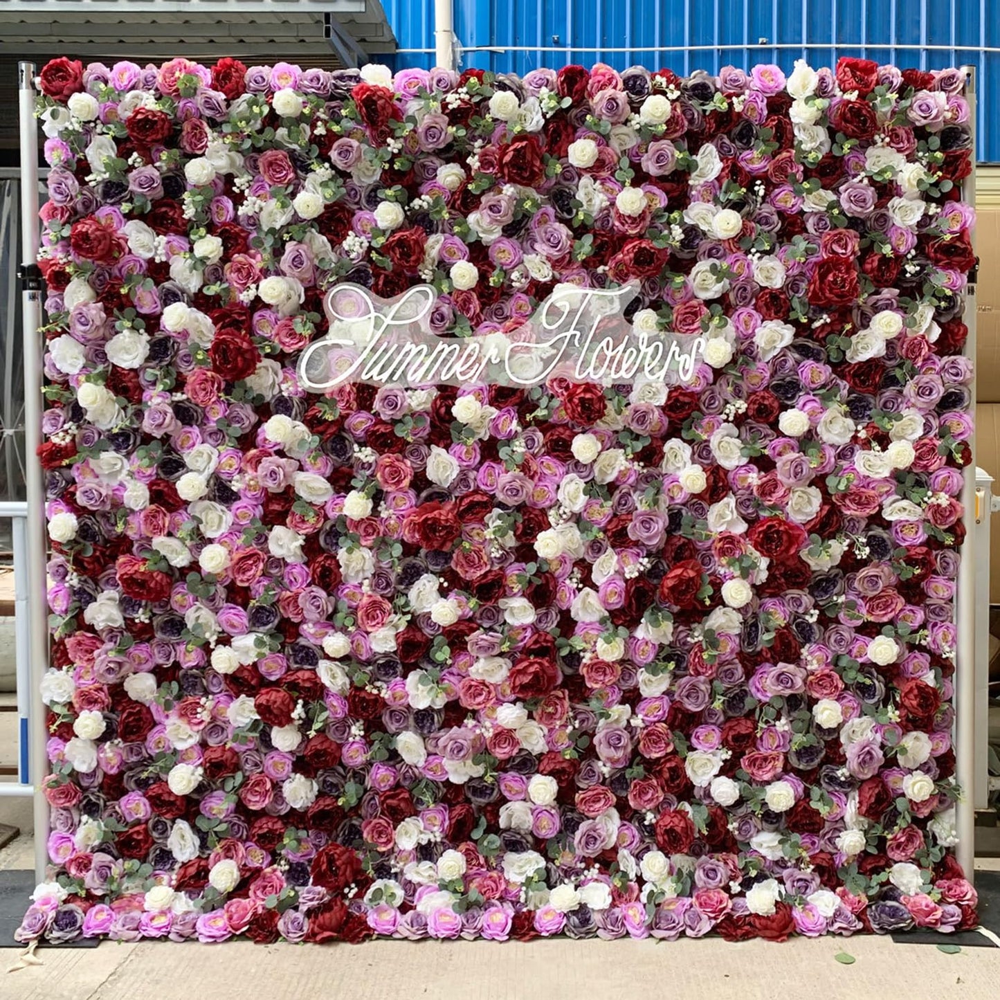 ERoomQ Fuchsia Color Rose Artificial Flower Wall Panels with Clothes Fabric Back,Wedding Party Bridal Shower 3D Romantic Rose Green Leaves Wall Backdrop,3x3m/10x10FT
