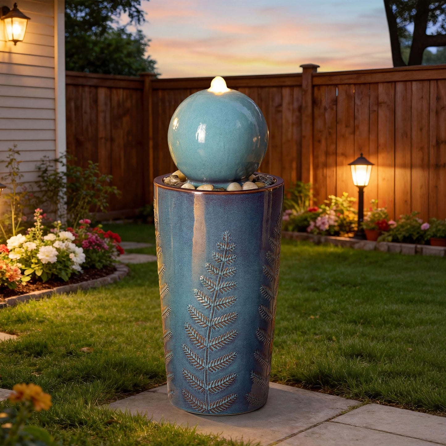 Autodaya 29.5" H Ceramic Sphere Water Fountain with LED Lights, Modern Nature-Inspired Design, Teal Blue Glaze with Leaf Patterns & Pebbles, Soothing Trickling Water Feature for Patio, Yard and Garden