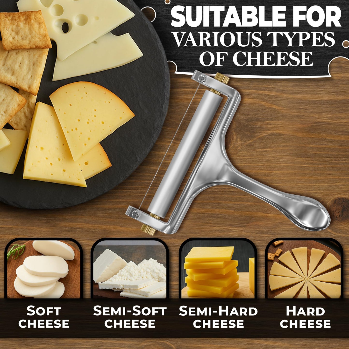 Cheese Slicer Wire - Sharp & Strong Stainless Steel Cheese Cutter Handheld with 2 Extra Wires, Slice Tickness Adjuster, Comfortable Handle & Dishwasher Safe, for Mozzarella, Cheddar & Gruyere Slicing