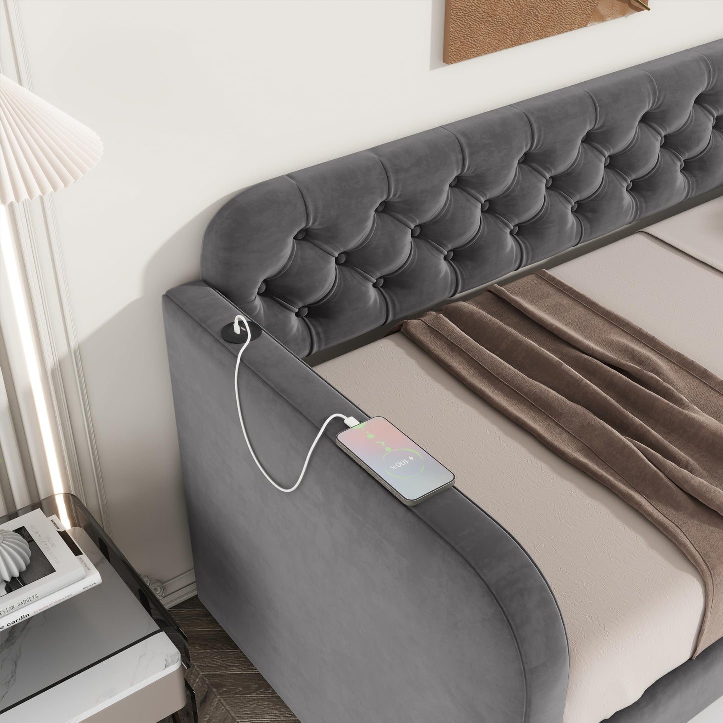 Acosure Twin Size Velvet Upholstered Daybed with Trundle and USB Charging Design,Bed Frame W/Fabric-Tufted Linen Backrest,for Bedroom,Guest Room,Apartment,Dark Grey