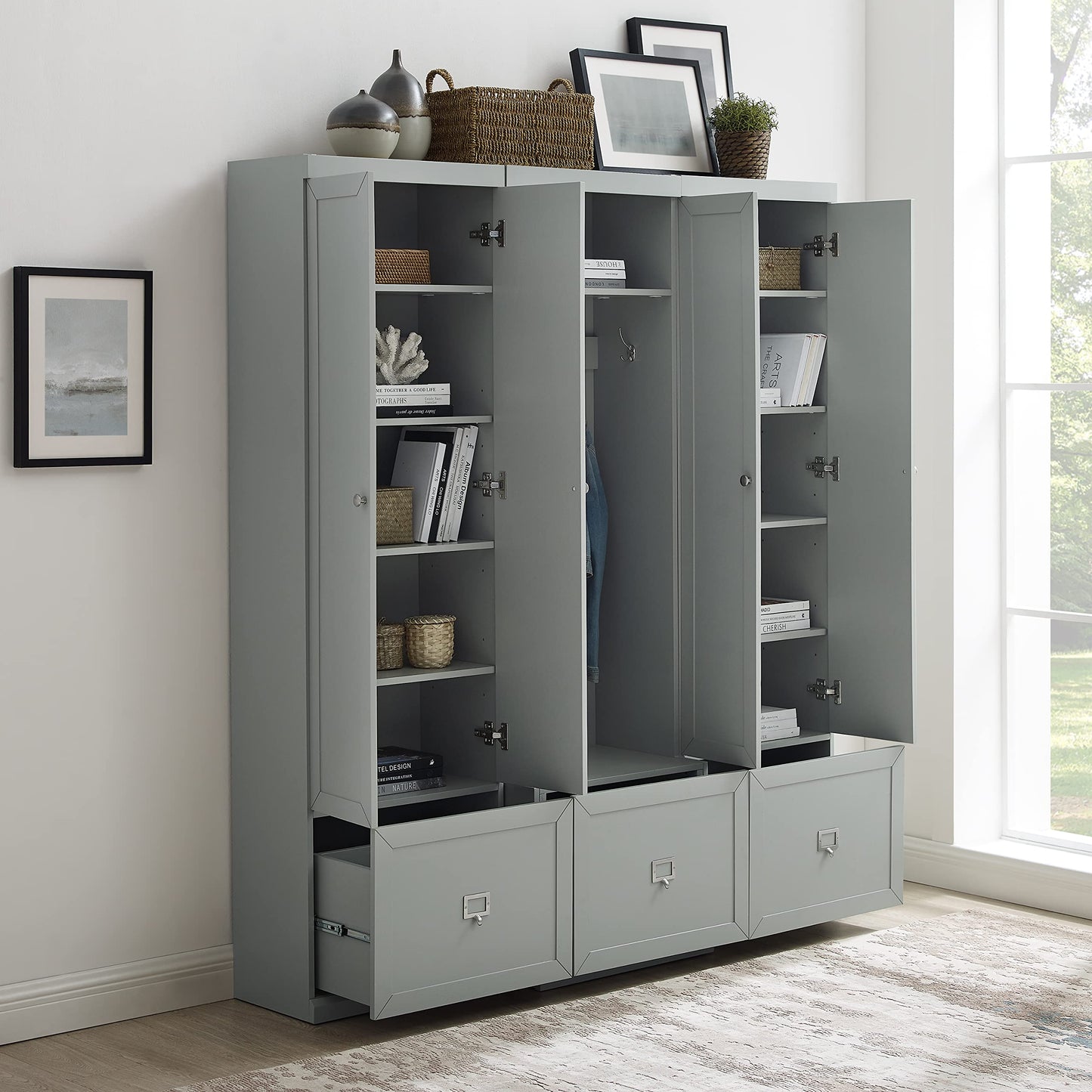 Crosley Furniture Harper 3-Piece Hall Tree and Storage Cabinet Set with Entryway Bench and Hooks for Hanging, Gray