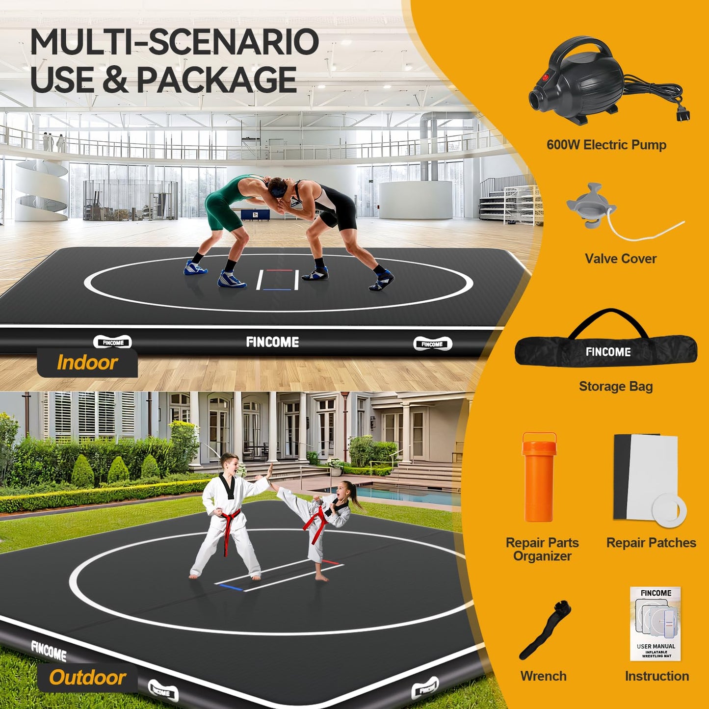 FINCOME Inflatable Wrestling Mat 16ft/13ft/10ft, 4" Thick Foldable Jiu Jitsu Mats Wrestling Mats for Home Outdoor Indoor, Waterproof PVC Mat for Gymnastics, BJJ, MMA, Grappling, Judo, Boxing