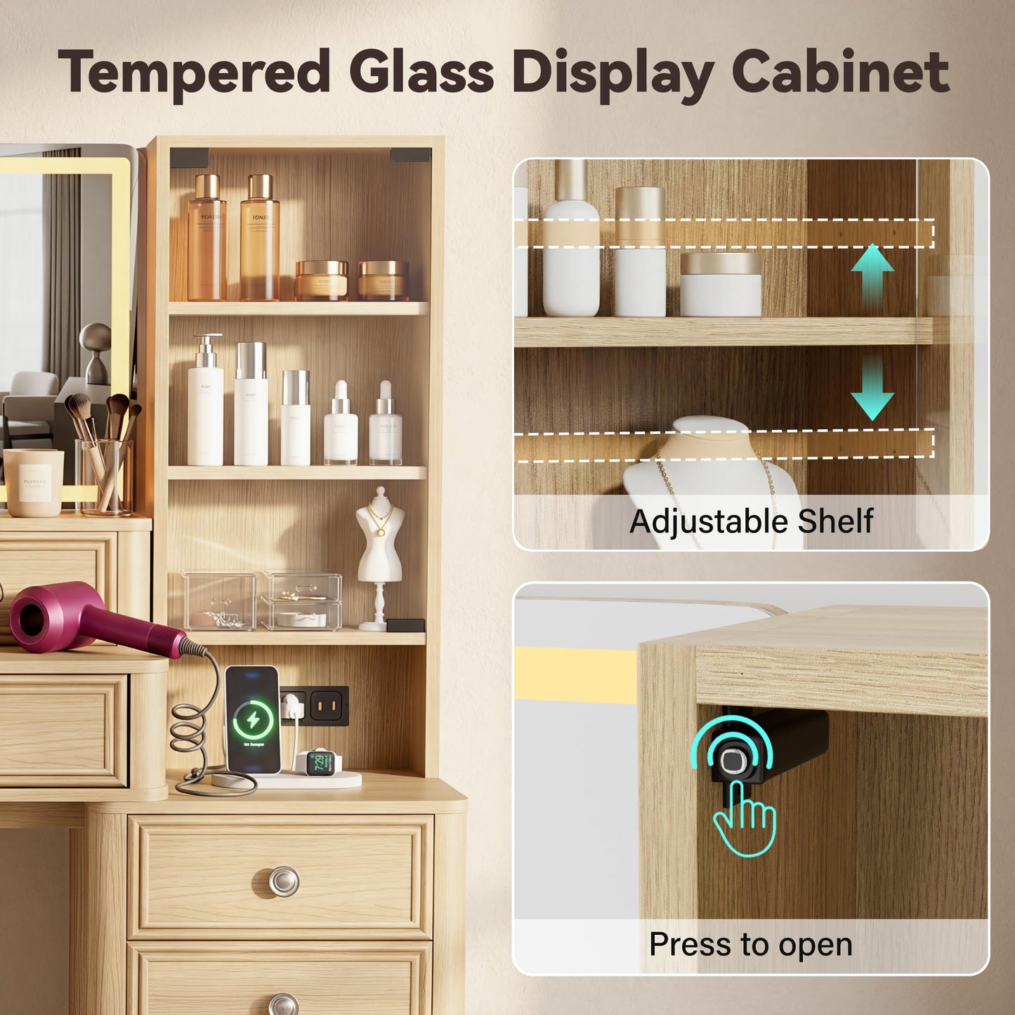 YESHOMY Makeup Vanity Desk with Large Mirror and LED Lights, with 7 Drawers & Charging Station, Dressing Table Set Modern Glass Storage Cabinet with Adjustable Shelves for Bedroom, Oak
