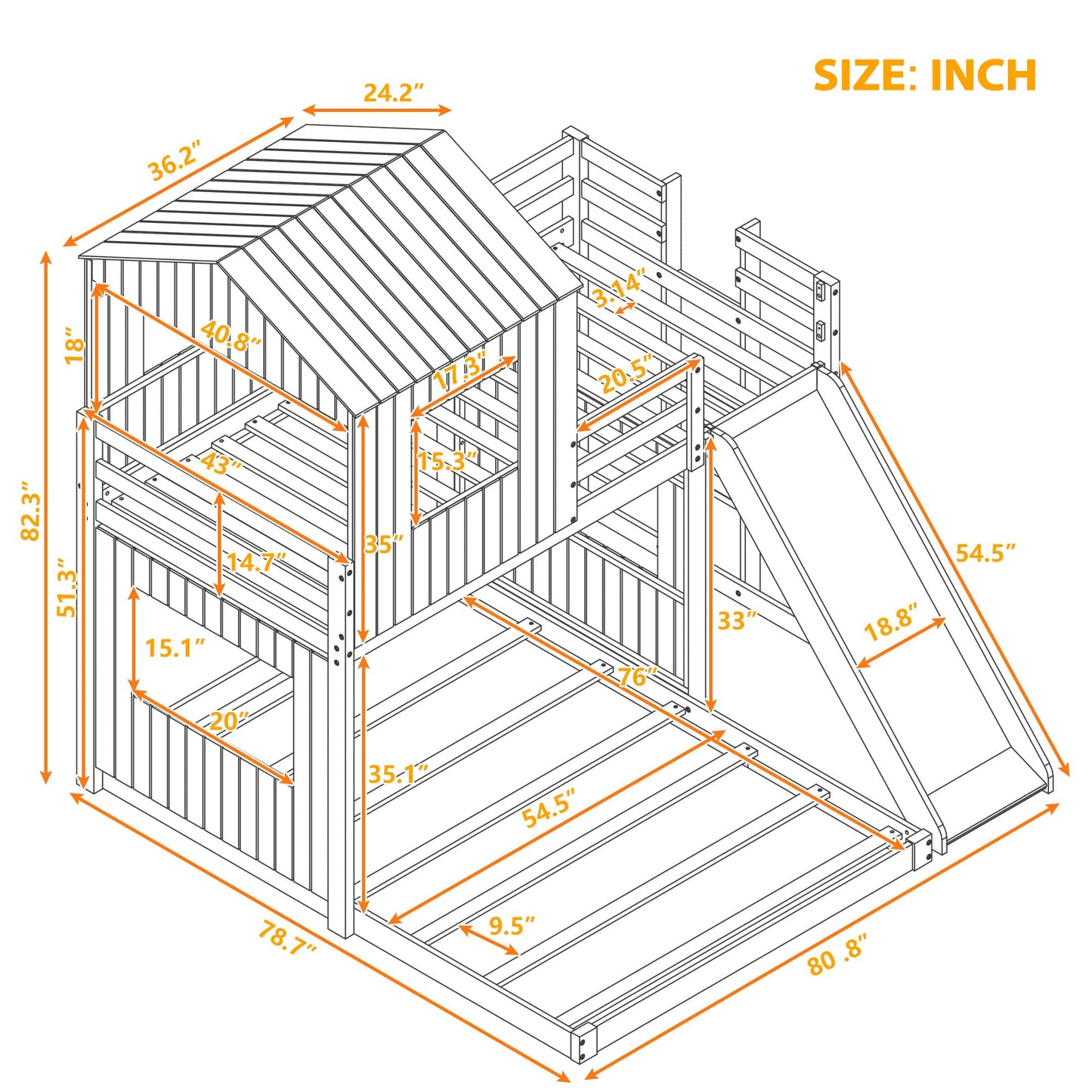 Twin Over Full Bunk Bed Frames Loft Bed with Slide, House Roof, Window and Safety Guardrails for Teens, Boys or Girls
