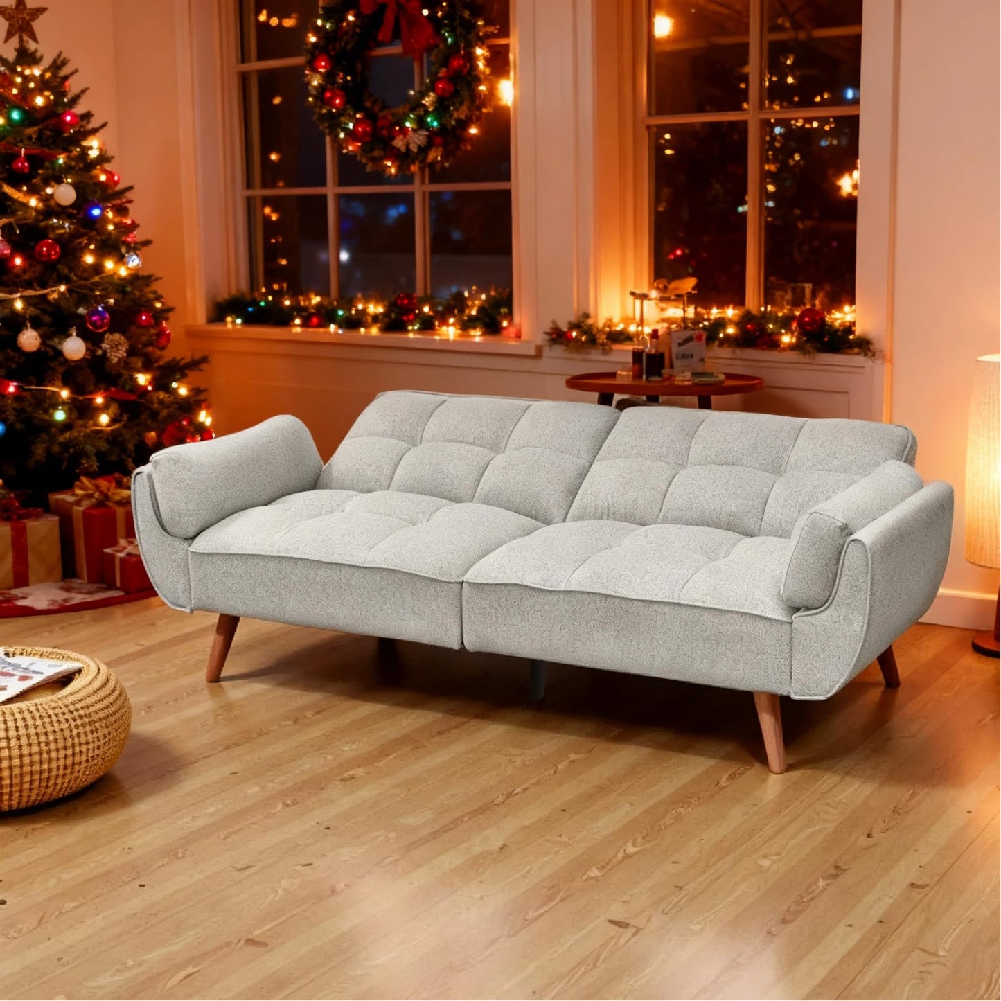 Trygoal Convertible Futon Sofa Bed, Modern Futon Couch with 2 Pillows, Small Futons Couch with Adjustable Armrest & Backrest, Loveseat Sofa Bed for Living Room, Bedroom, Gray