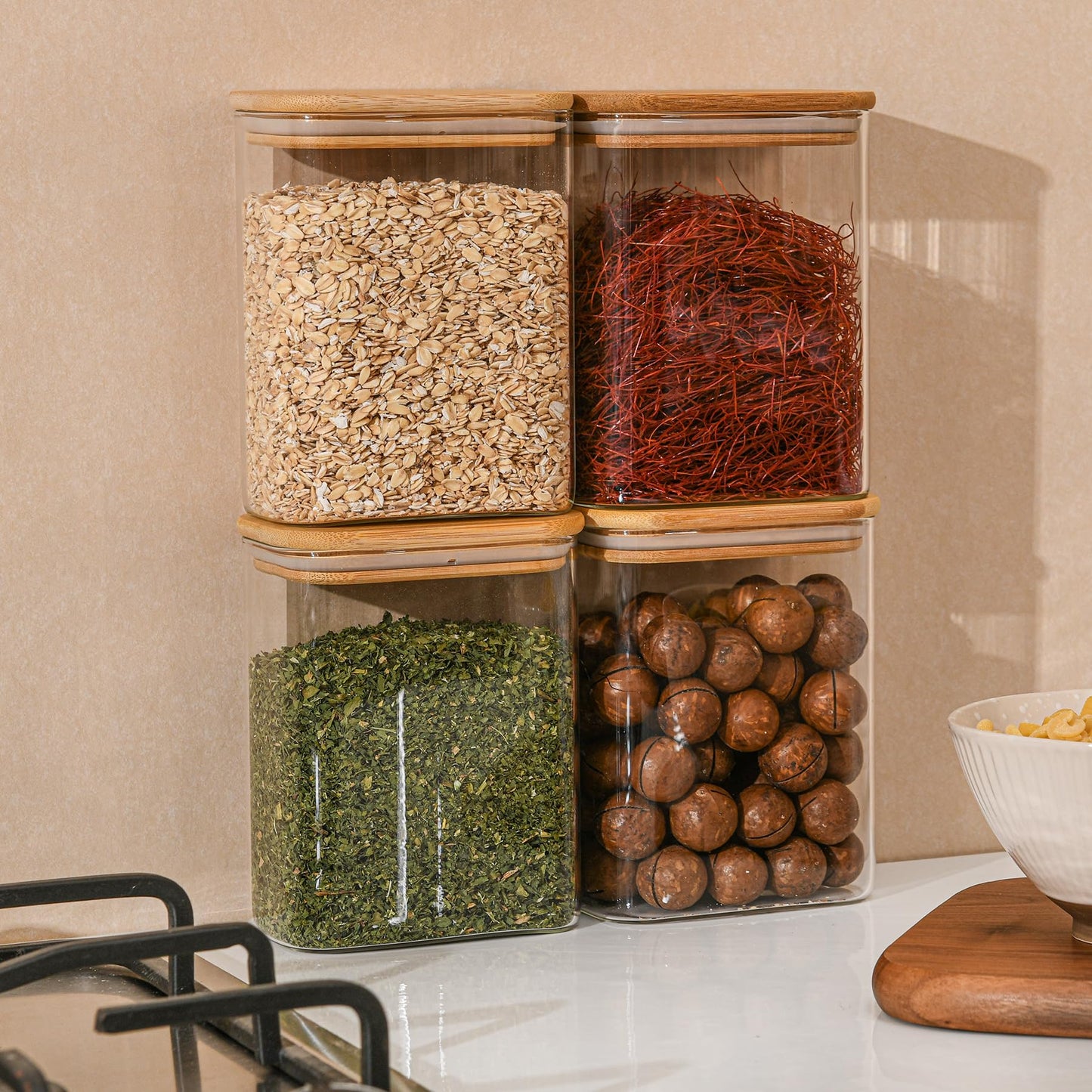 D2scrma 37oz Rectangle Airtight Glass Storage Containers with Bamboo Lids (Set of 6), Square Food Storage Jar, Pantry Organizers for Cereal, Nuts, Snacks and Coffee beans (with Black Lable)