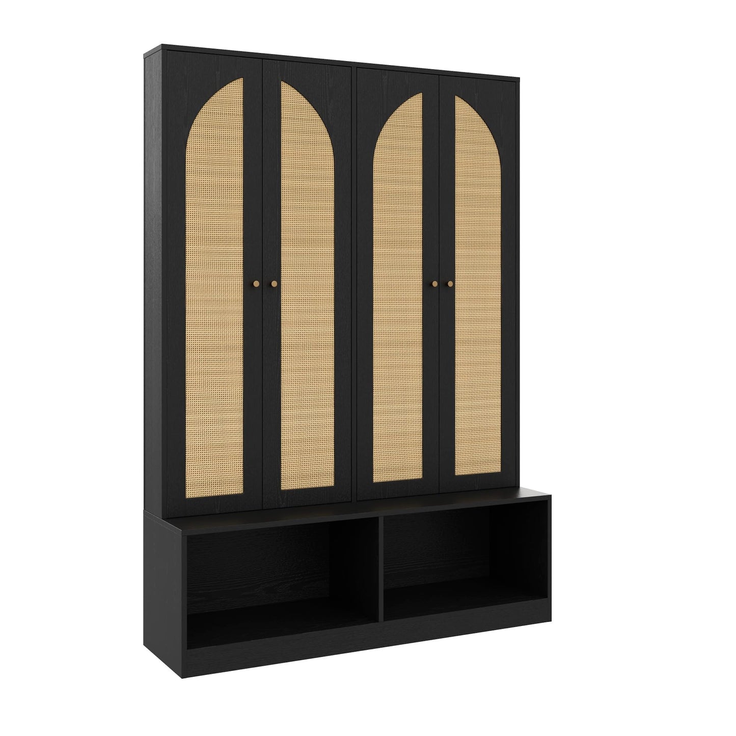 Merax Farmhouse Hall Tree with 4 Rattan Doors & Bench - 55.1" Entryway Shoe Cabinet, 6 Hooks, Adjustable Shelf, Mid-Century Storage for Living Room, Black