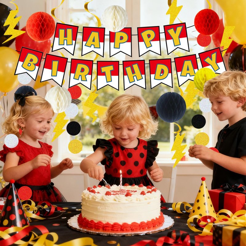 Cartoon Animation Birthday Party Decorations, Party Supplies Birthday Banner, Honeycomb Balls, Gold Theme Hanging Swirls, Circle Dots Garland, for Boys and Girls
