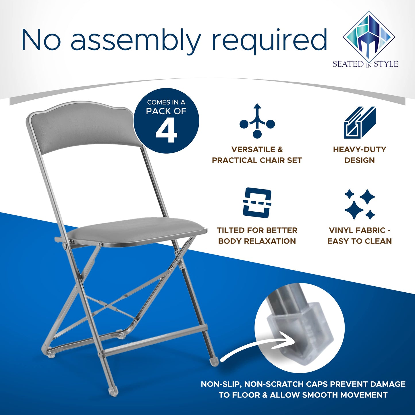 Gold Furnishings Folding Chairs with Padded Seats 4 Pack - Foldable Chair with Heavy-Duty Steel Frame, Elegant Party Bridge Chairs for Outside, Home, Office, Indoor & Outdoor Events - Silver/Grey