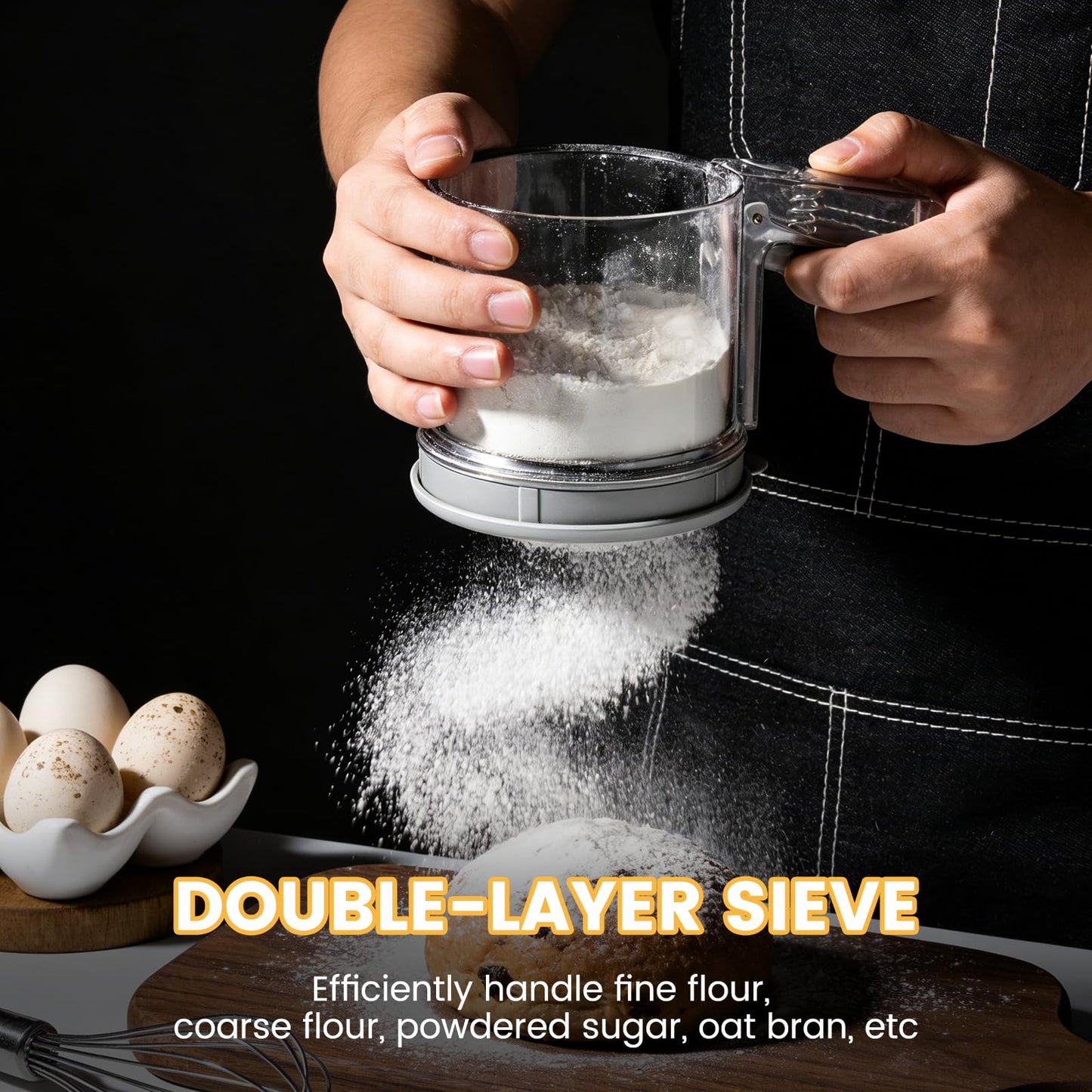 Flour Sifter, 3 Cup Flour Sifter, Sifter for Baking Sifter Handheld Baking Sieve Food-Grade Double-Filter, Powdered Sugar Shaker Duster Set for Baking Cakes, Pastries, Pies, Cupcakes and Desserts