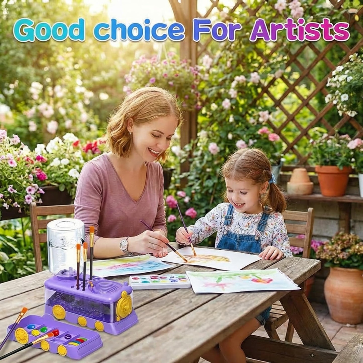 Paint Brush Cleaner with Press-to-Clean Design, All-in-1 Brush Rinsing Station with Built-in Holder & Tray, Water Dispenser for Acrylic Watercolor Painting, Art Supplies Gift for Artists Kids Adults