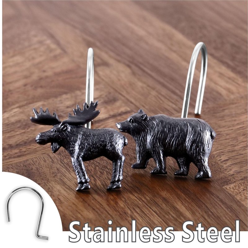 Bear & Deer Shower Curtain Hooks:12 Pcs Black Rustic Cabin & Christmas Reindeer Decorative Hooks Rustproof Stainless Steel Rings - Farmhouse Lodge Western & Woodland-Themed Bathroom Home
