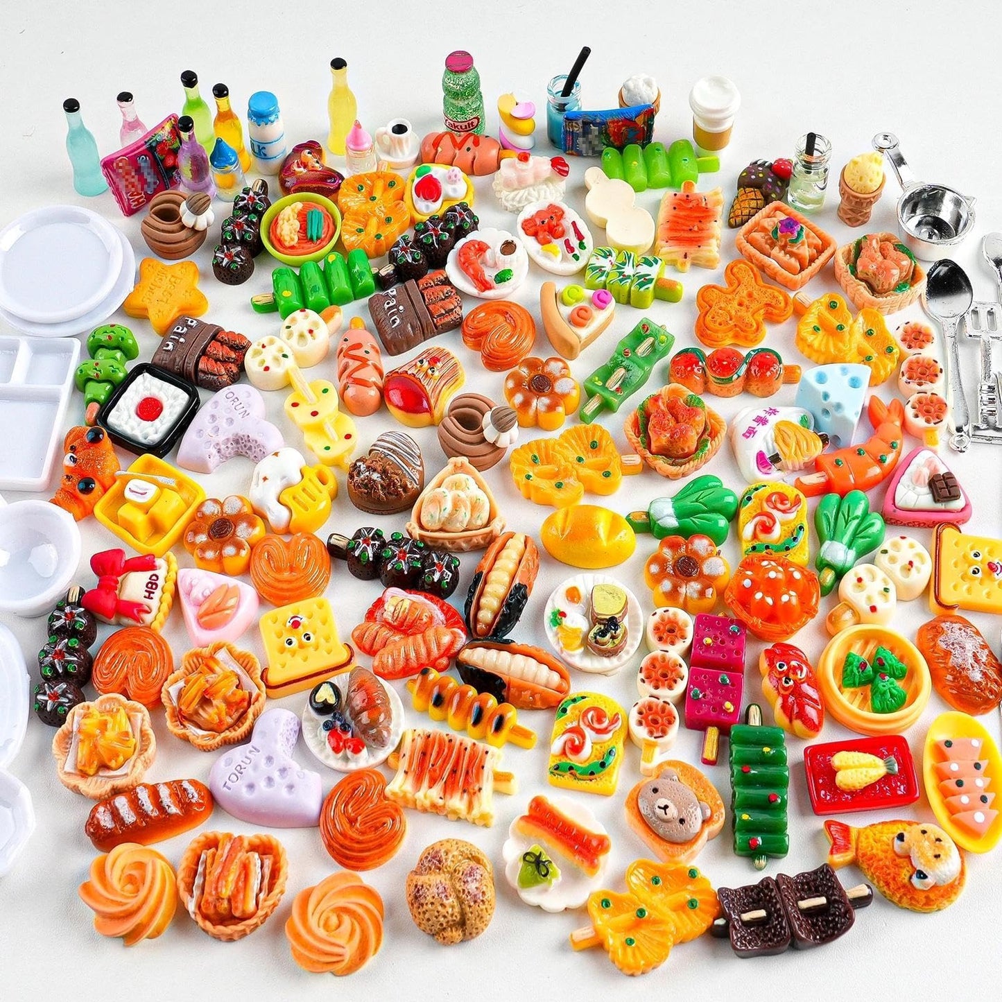 150 Pcs Miniature Food Drinks Bottle Toys Mixed for Dollhouse Kitchen Accessories Mini Play Fake Resin Pretend Game Party Tableware 1/12 Doll House Bread Cake Models Micro
