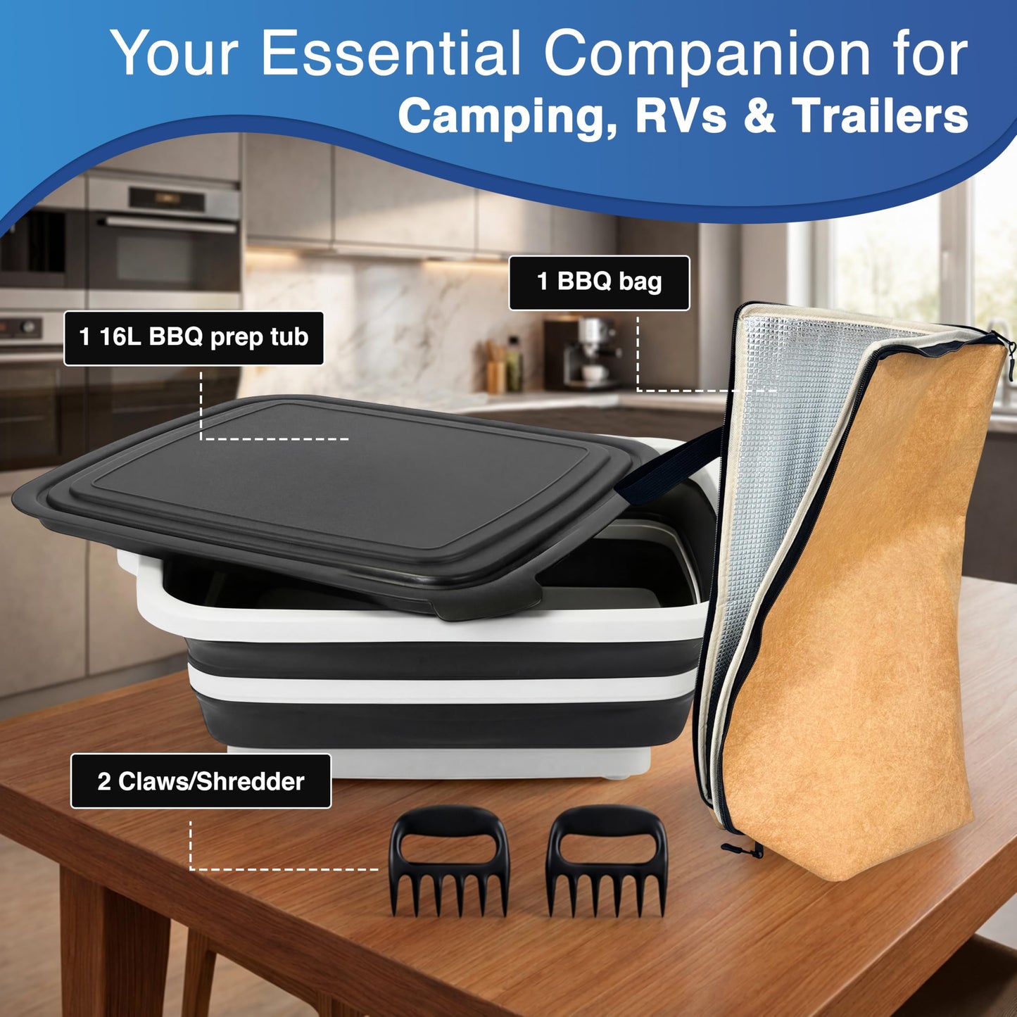 3pcs BBQ Prep Tub, BBQ Blanket, Meat Shredder Claws | Collapsible 3 in 1 Cutting Board with Colander & Dish Basin, Insulated 21" Meat Resting Bag, Barbecue Grilling Accessories with Tub