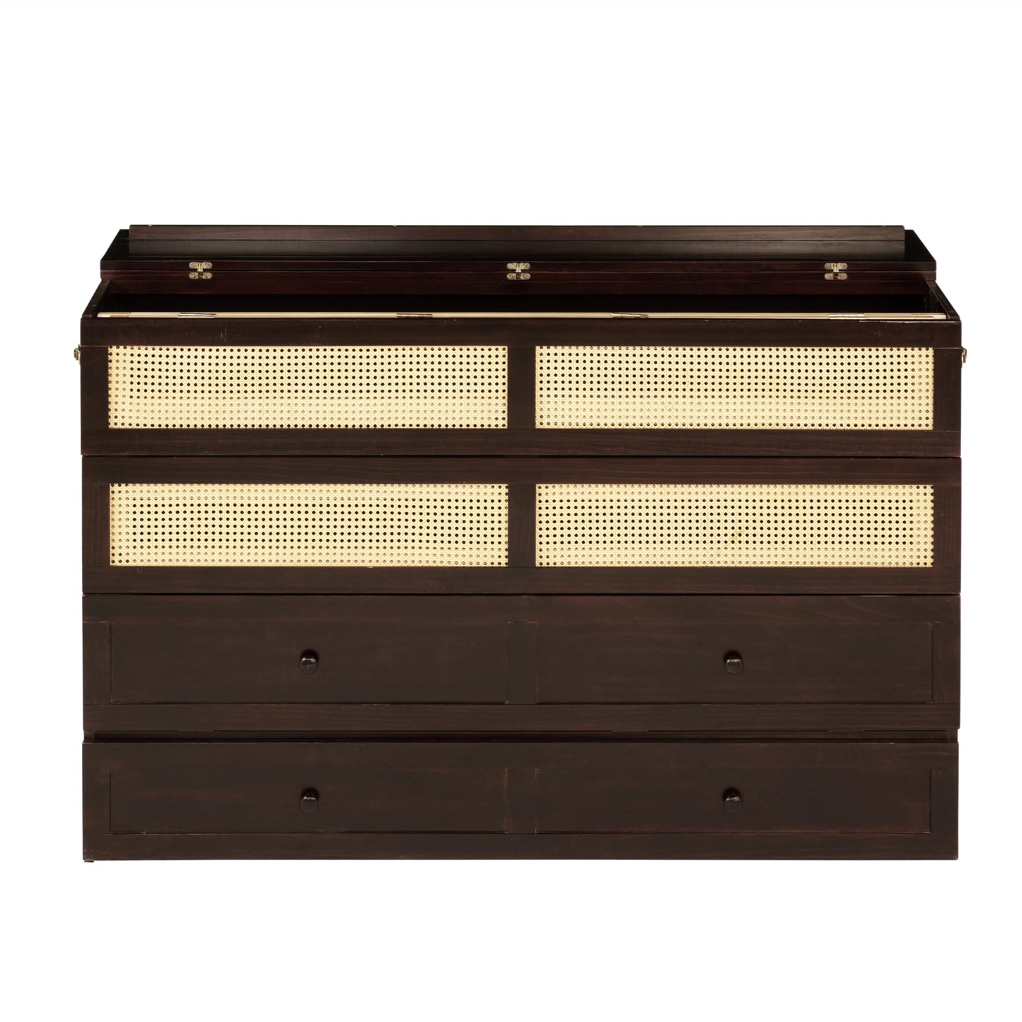 Ball & Cast Hideaway Cabinet Bed Queen Size,Wood Rattan Murphy Bedframe with Storage Drawer,Wall Platform can be Folded up,Space-Efficient Design,for Apartment,Bedroom,Espresso