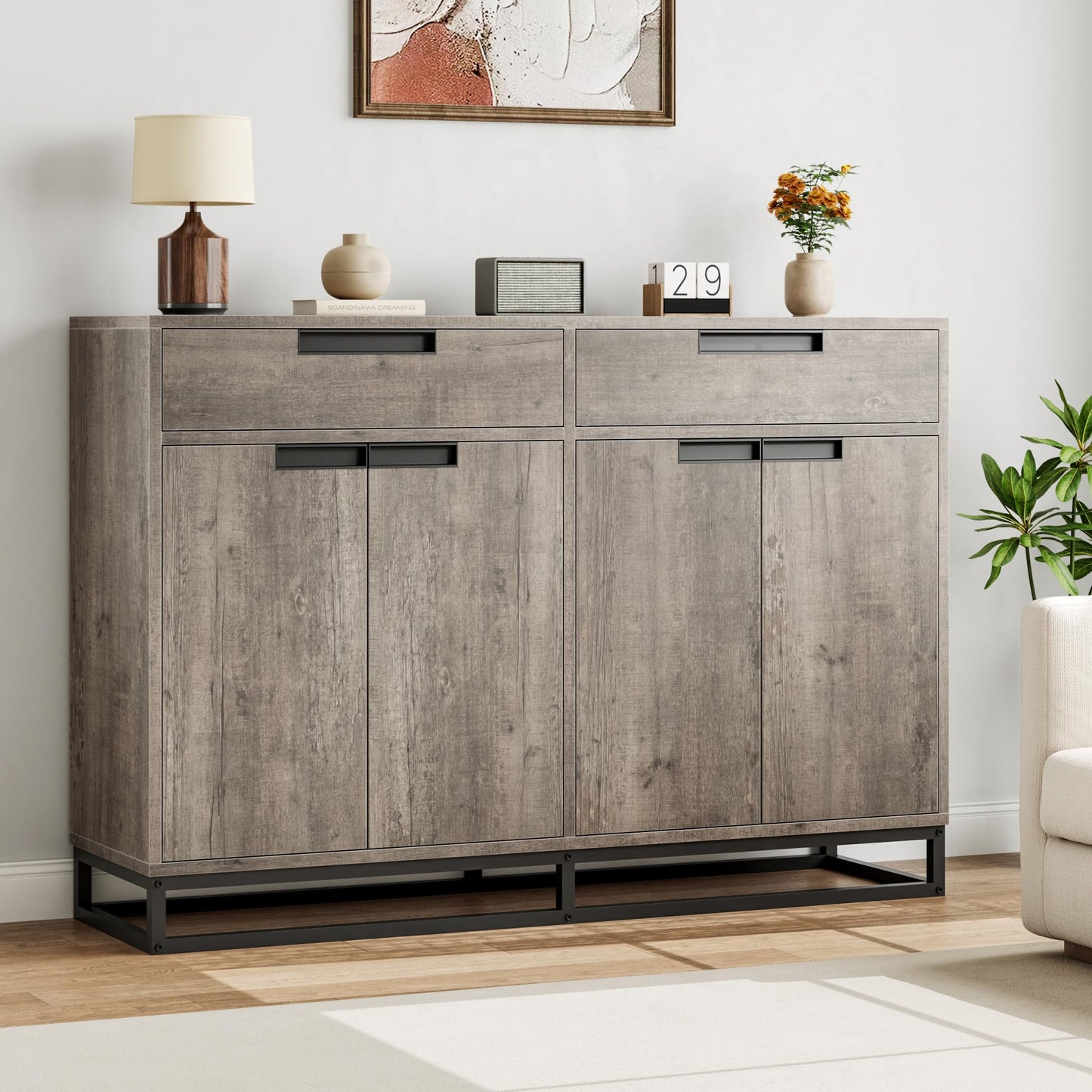 GAOMON 55" Large Sideboard Cabinet, Modern Buffet Cabinet with 4 Doors and 2 Drawers, Buffet Sideboard with Adjustable Shelves and Gold Accents for Dining Room, Kitchen, Entryway Oak