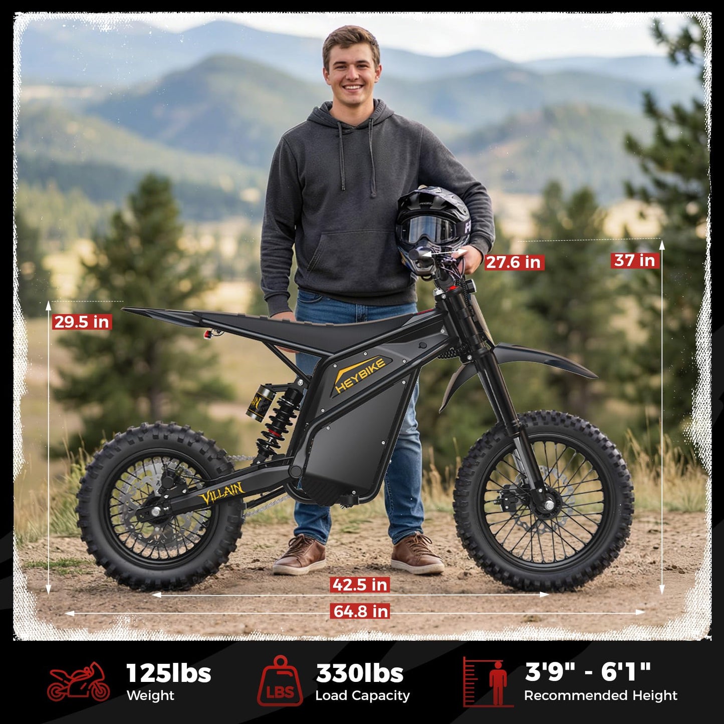 Heybike Villain Dirtbike, 14" Fat Motorcycle for Teens, Fit Age 13+(Set of 2; Dark+Yellow)