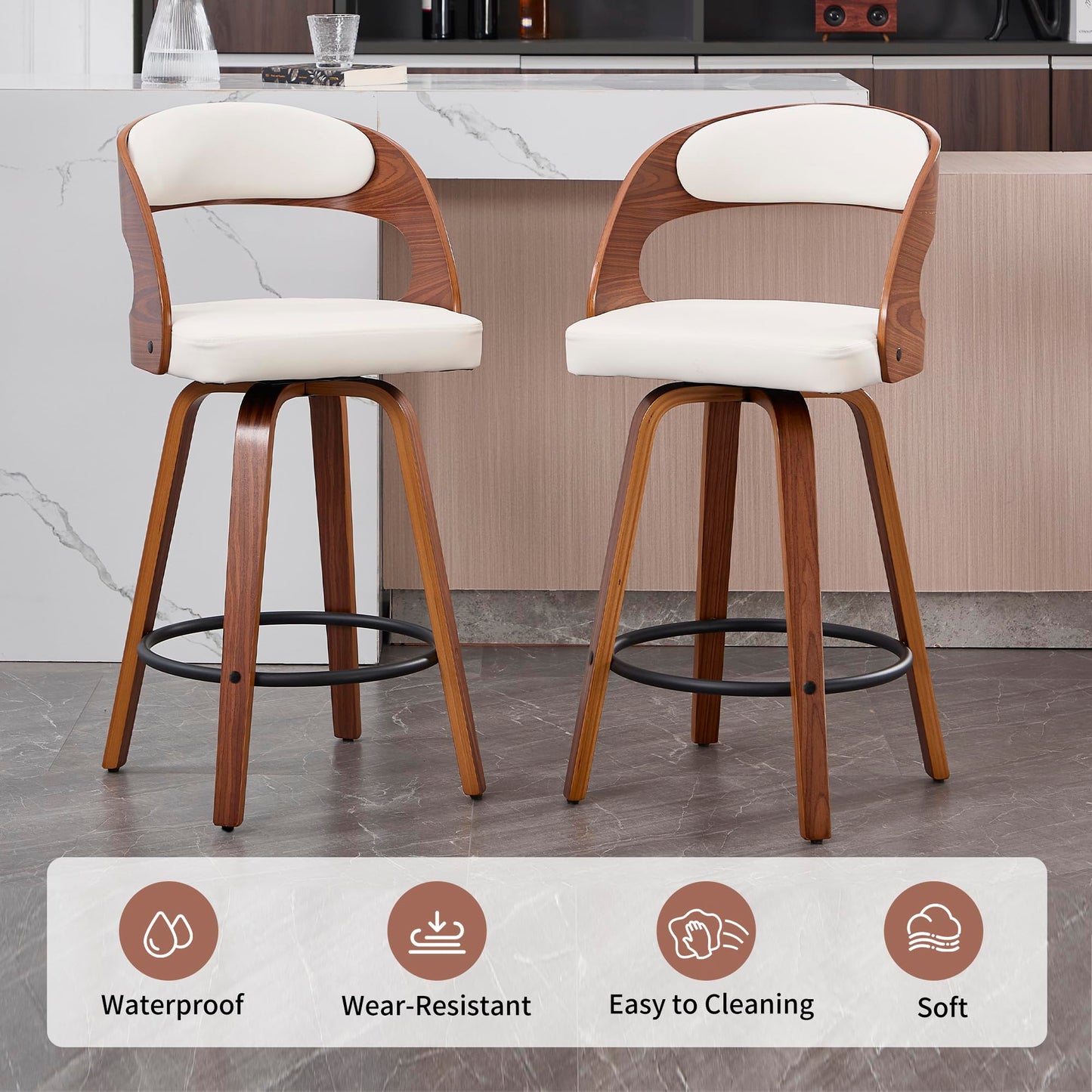 VipDesk Swivel Bar Stools Set of 2, Walnut Counter Height Bar Stools with Back and Arms, 26" Modern Faux Leather Upholstered Bar Chairs with Bentwood Frame for Kitchen Island Bar - White