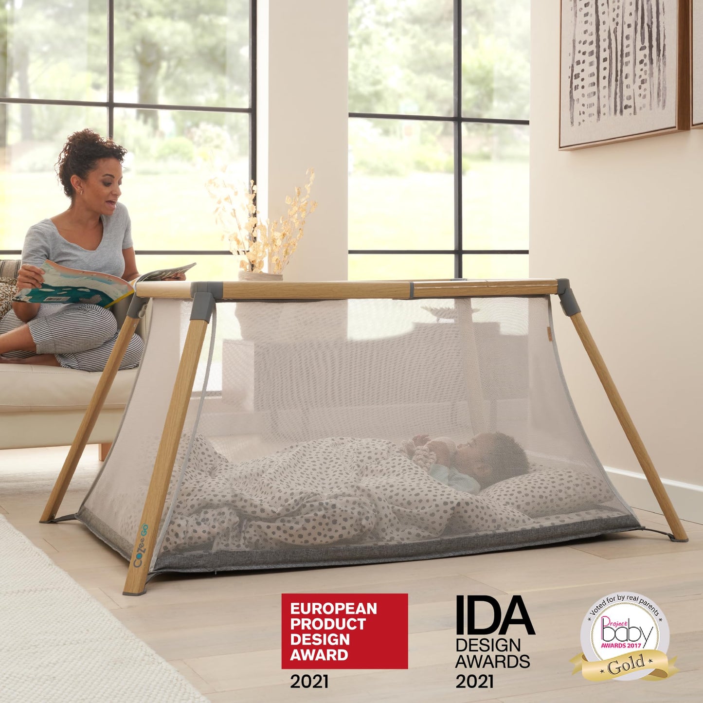 Tutti Bambini CoZee® Go 3-in-1 Foldable Baby Playpen, Portable Bassinet & Travel Crib | Playard with Mattress Included | Birth to 3 Years (Oak & Charcoal)