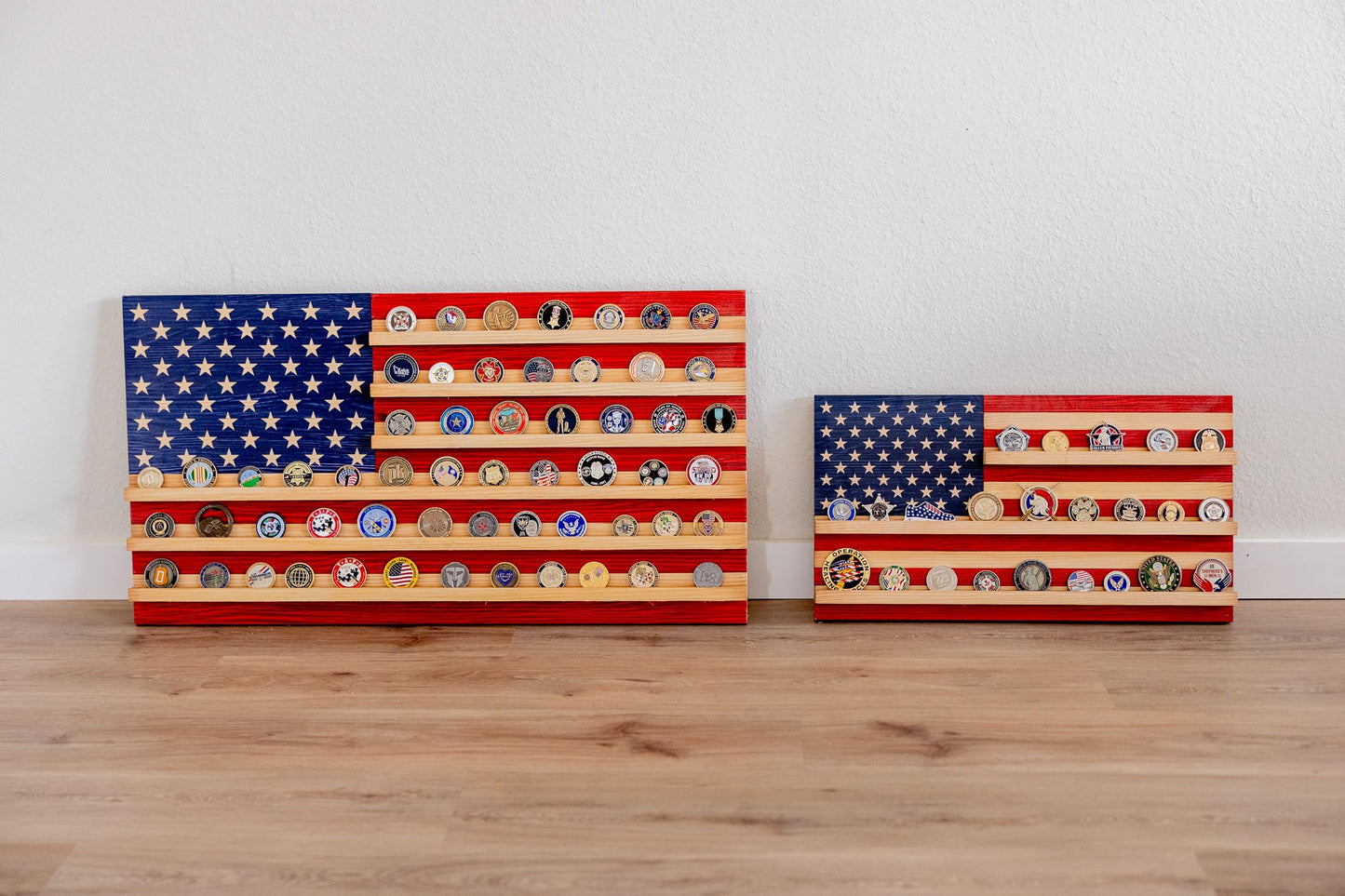 Flags of Valor American Flag Challenge Coin Display Holds 100 Coins Wooden Military Coin Holder Wall Decor Veteran Made Patriotic Flag Art Ready to Hang USA Handmade (Medium Unframed, 19" H x 36" W)