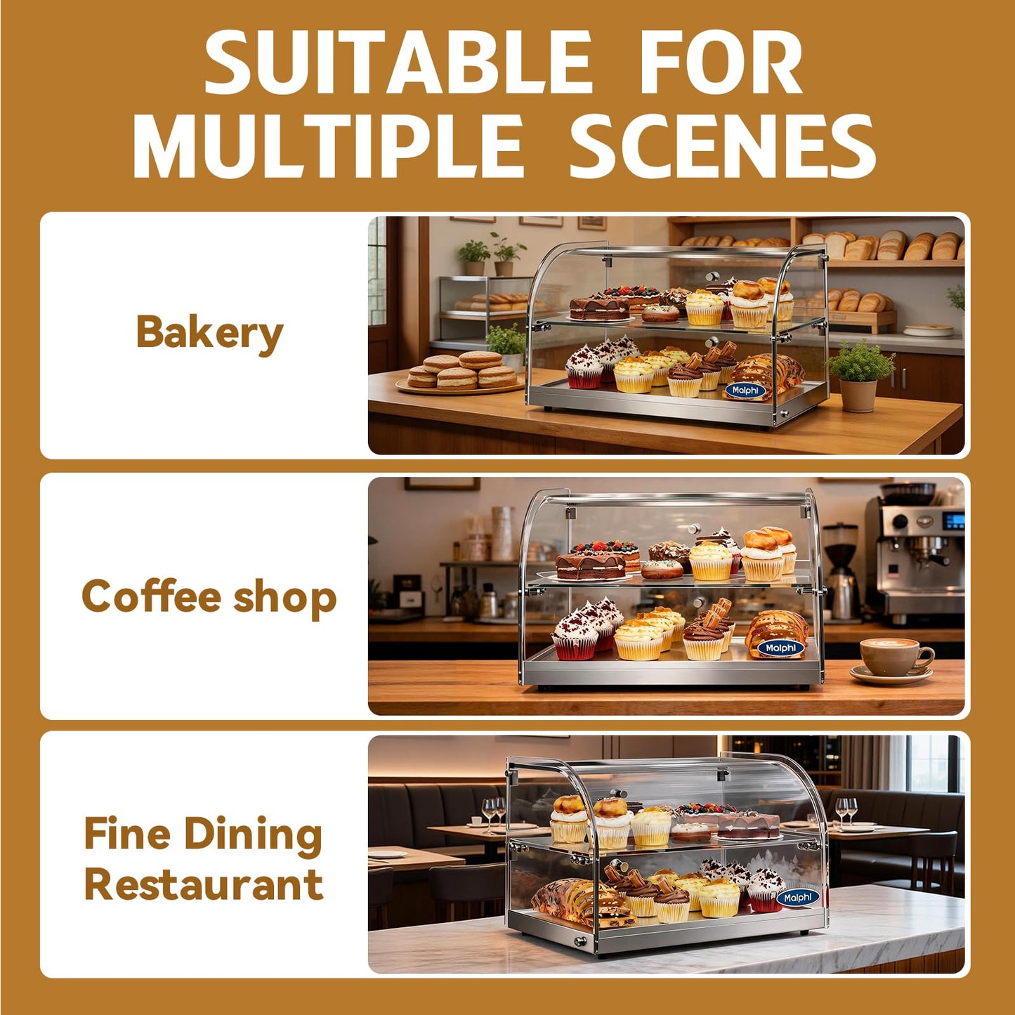 1.59 Cu.ft Malphi Large Pastry Display Case Countertop | Commercial Bakery Display Stand Cupcake Holder Tempered Glass | Large Bread Cookie Display Box | 22.1" x 15.2" x 14.6" | 27.5 lbs |