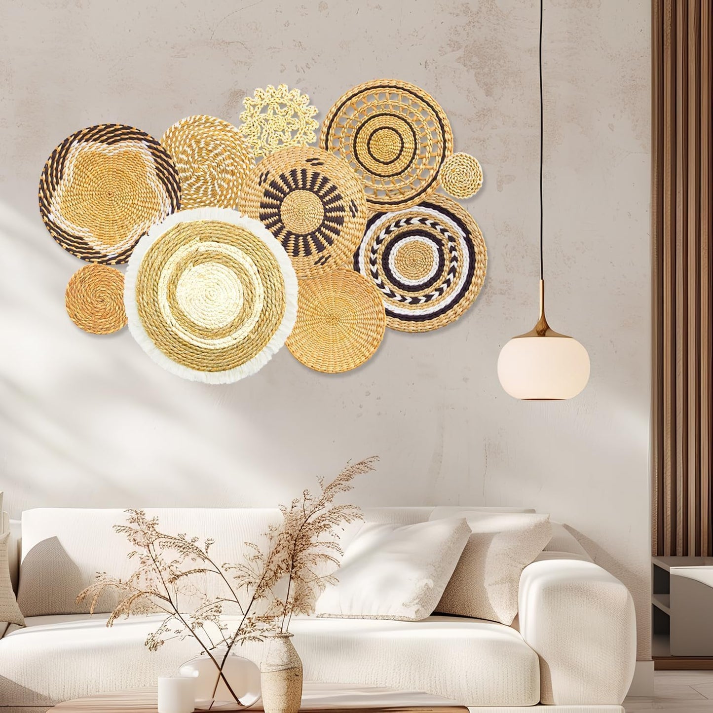 10 Pack Boho Wall Decor, 15 Inch Wall Basket Decor Round Handmade Hanging, Rattan Woven Round Wall Art for Living Room, Rustic Flat Elegant, Farmhouse, Bedrooms, Table Settings, Kitchen, Home